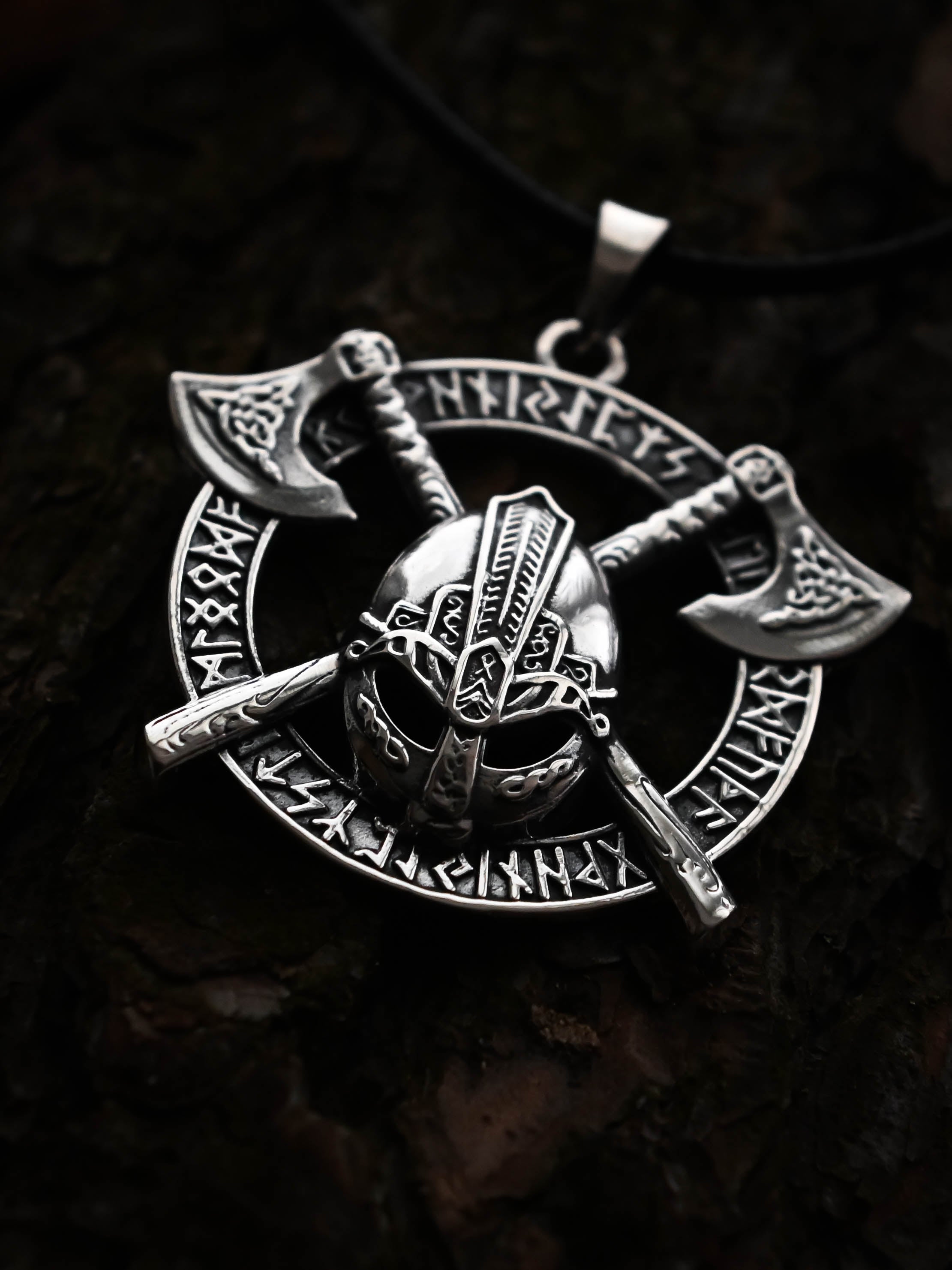 Viking Helmet Amulet in Futhark, Sterling Silver 925 — Viking Symbol Pendant