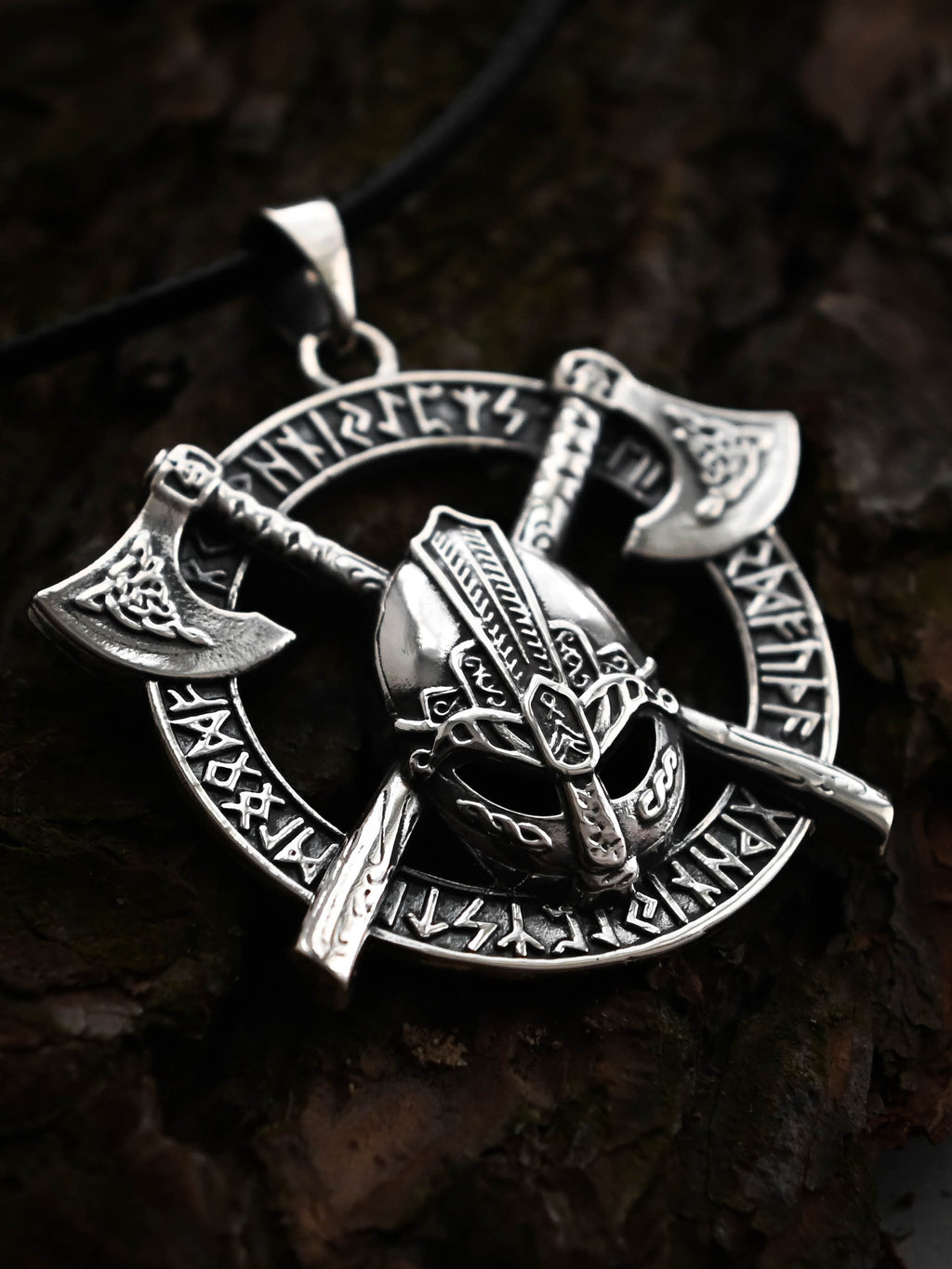 Viking Helmet Amulet in Futhark, Sterling Silver 925 — Viking Symbol Pendant