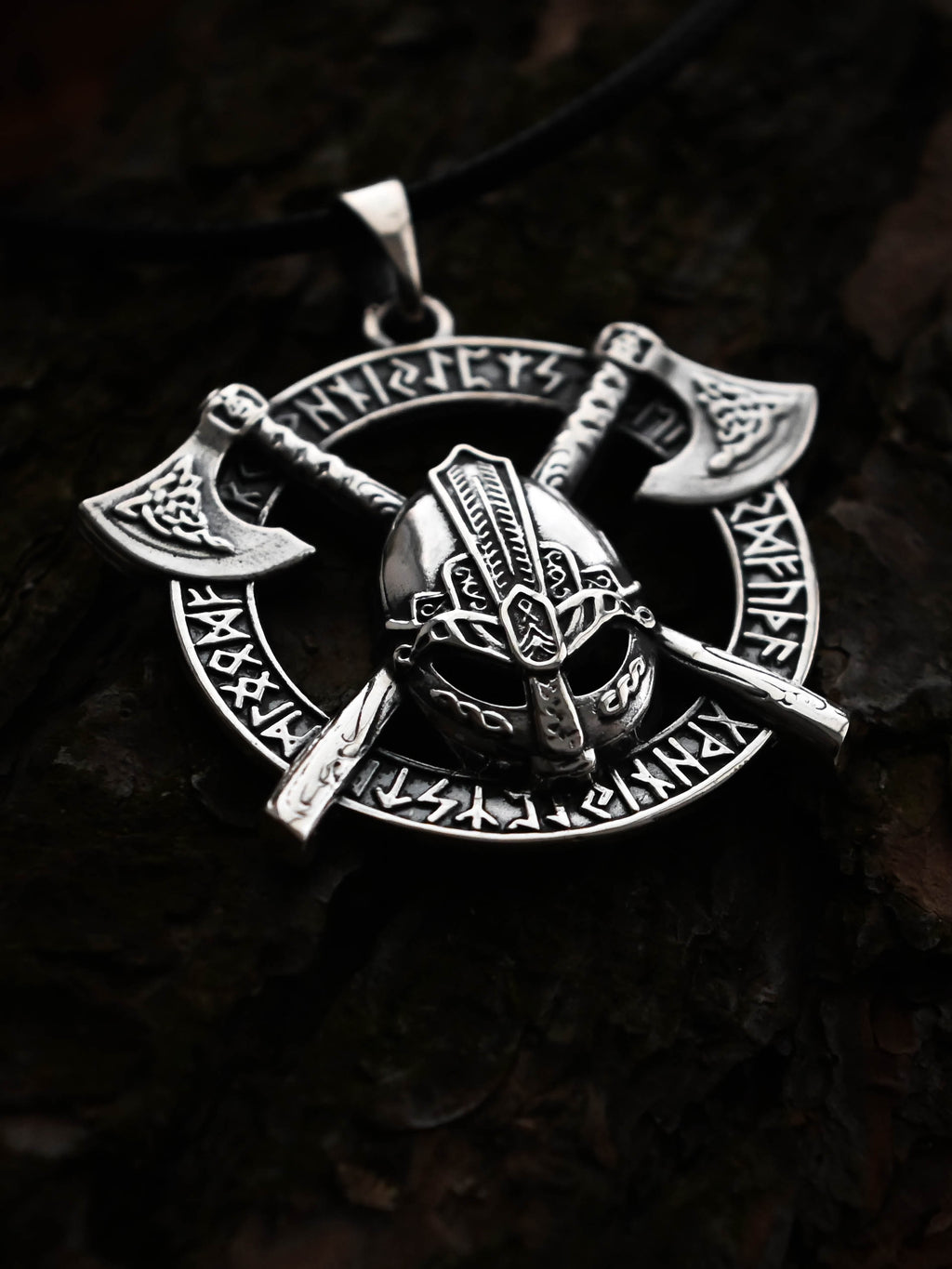 Viking Helmet Amulet in Futhark, Sterling Silver 925 — Viking Symbol Pendant