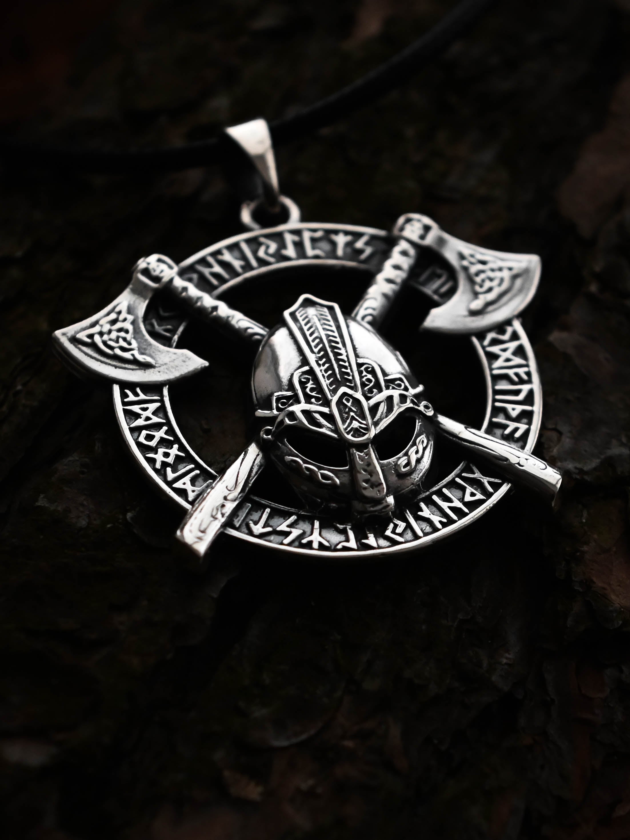 Viking Helmet Amulet in Futhark, Sterling Silver 925 — Viking Symbol Pendant