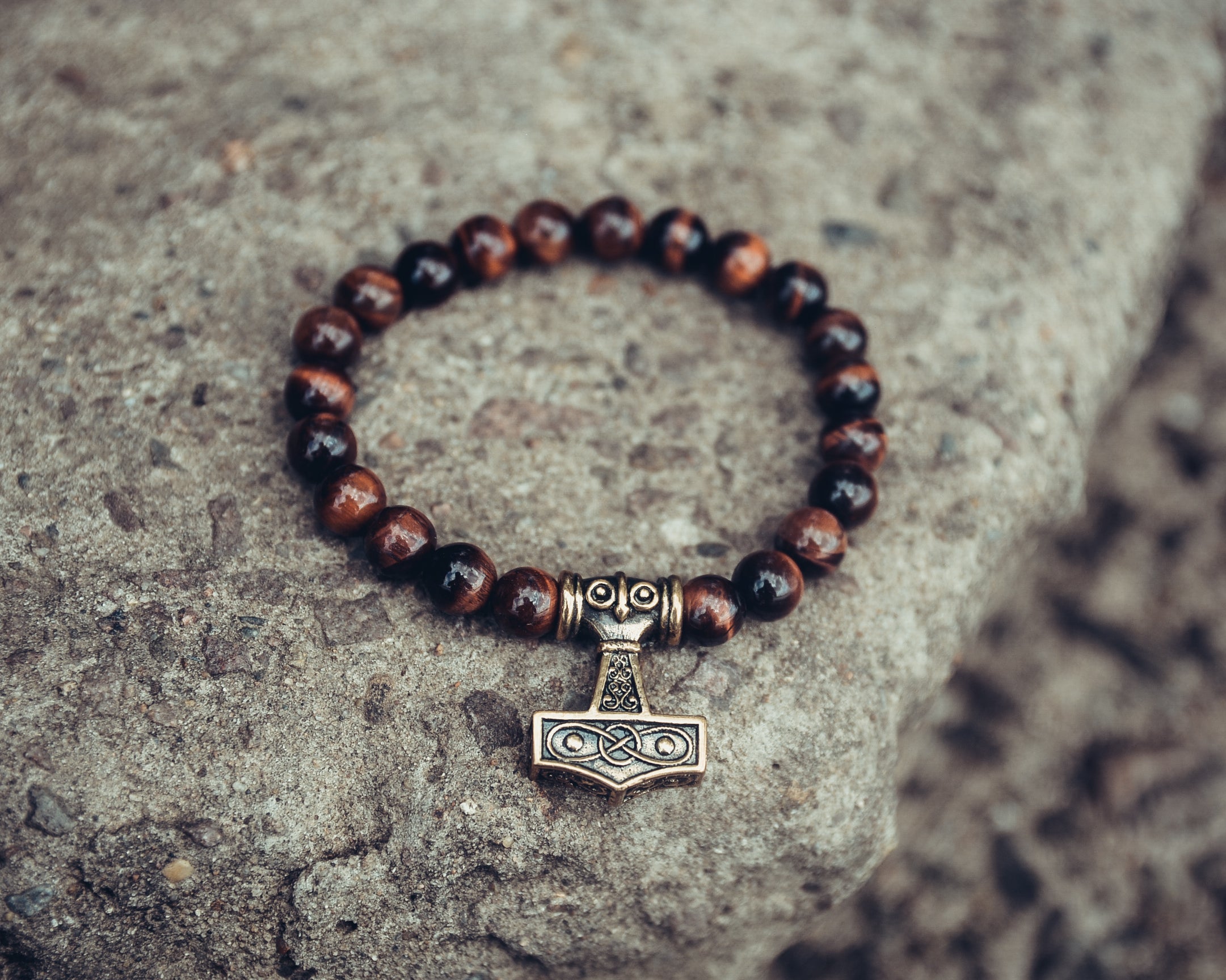 Ox Eye Stone Bracelet with Thor's Hammer Bead