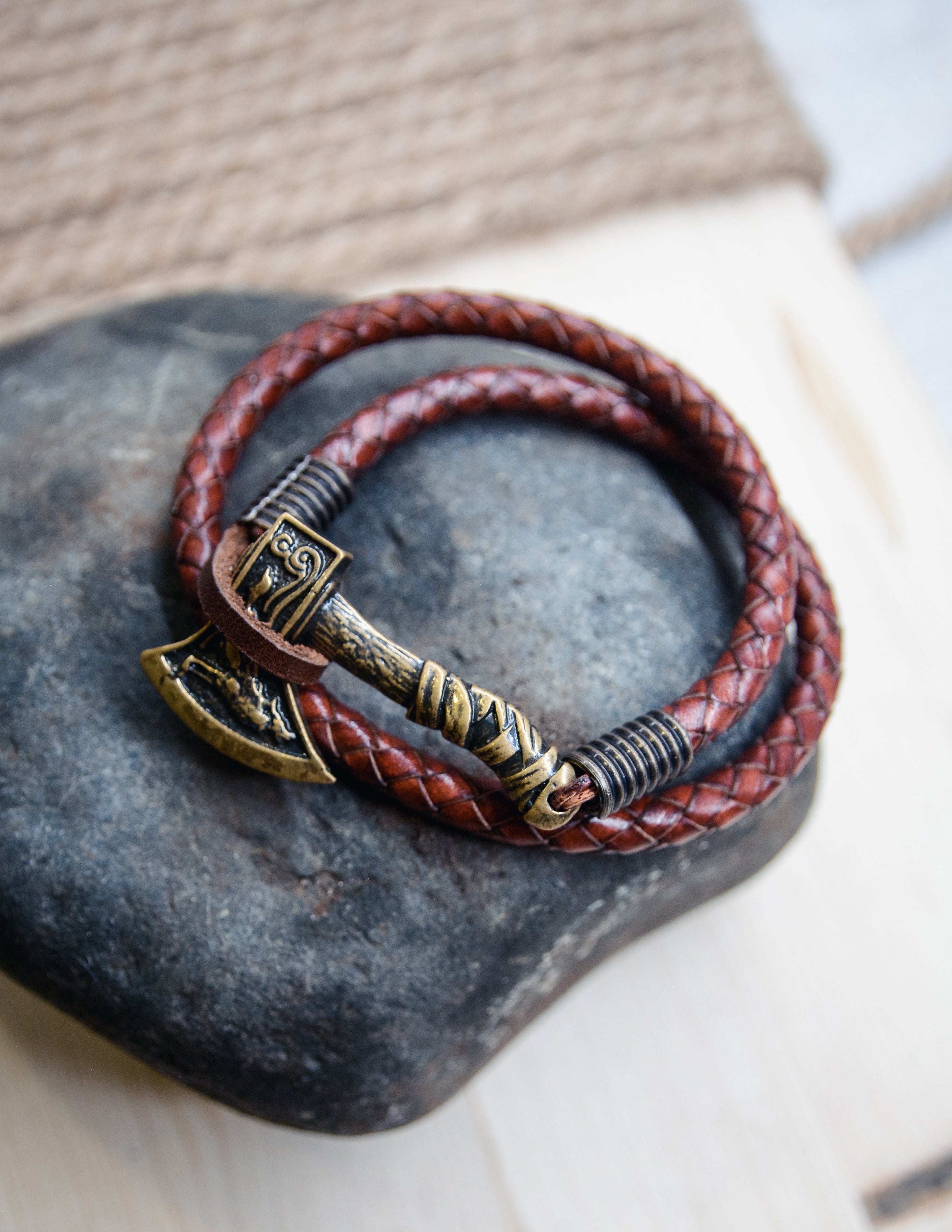 Axe with Falcon and Wolf Bracelet, Natural Leather and Bronze