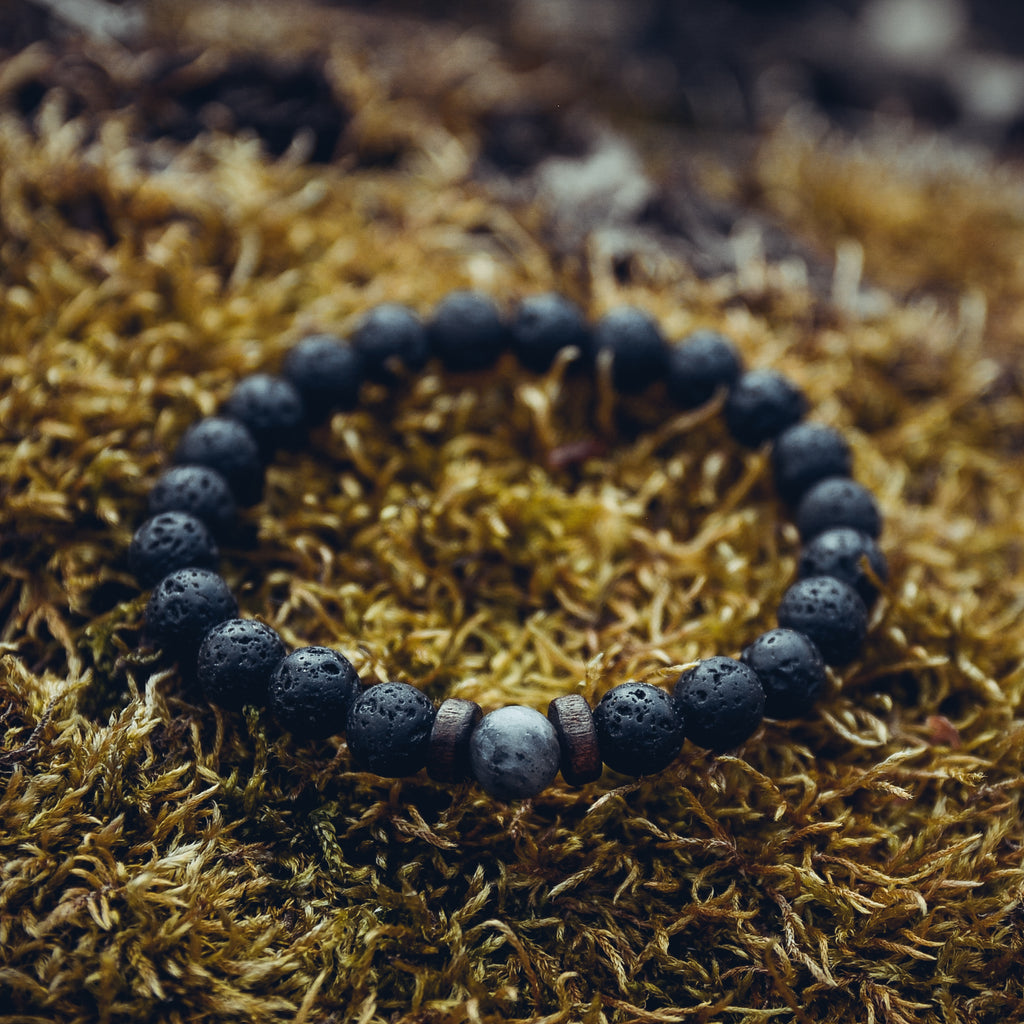 Lava Stone, Wood, and Labradorite Bracelet