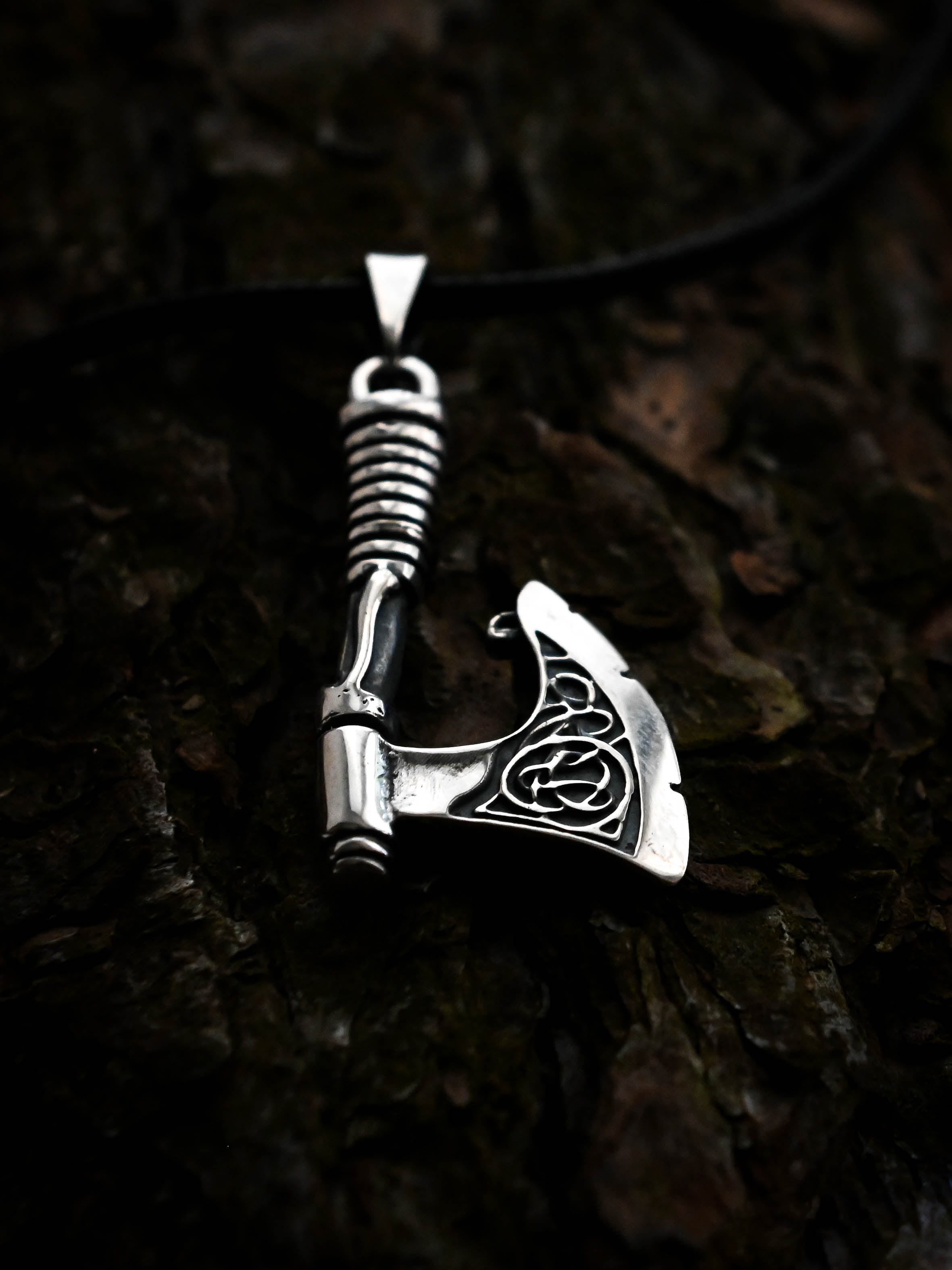 Scandinavian Axe with Knotwork, Sterling Silver 925 — Viking Symbol Pendant