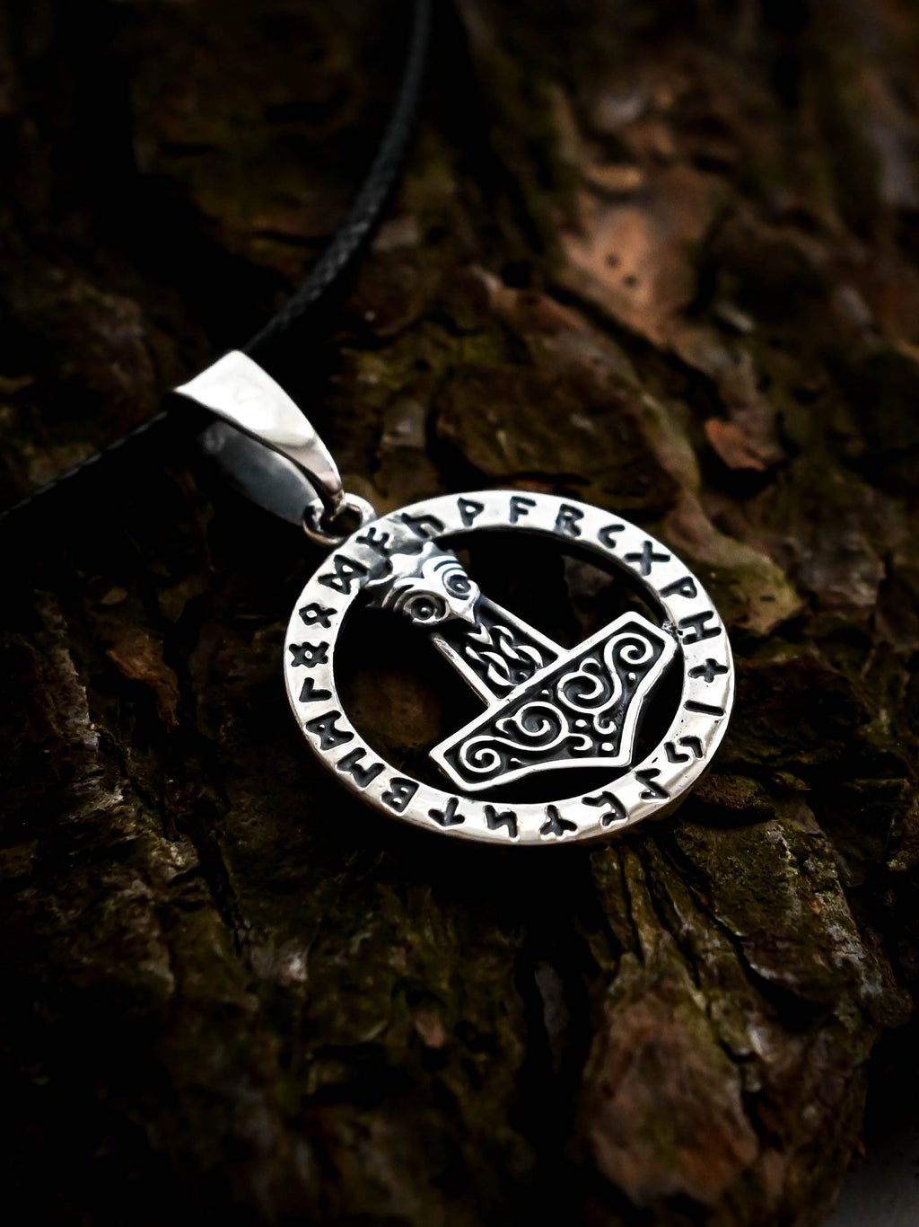 Thor's Hammer (Mjolnir) in Futhark, Sterling Silver 925 — Viking Symbol Pendant