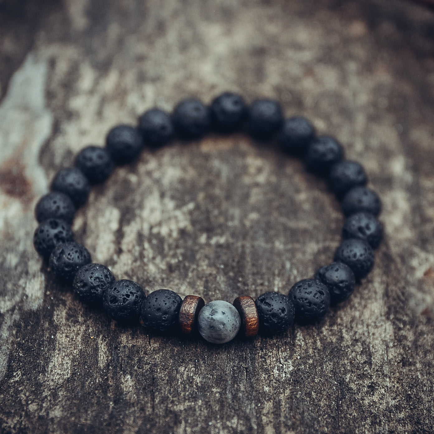 Lava Stone, Wood, and Labradorite Bracelet