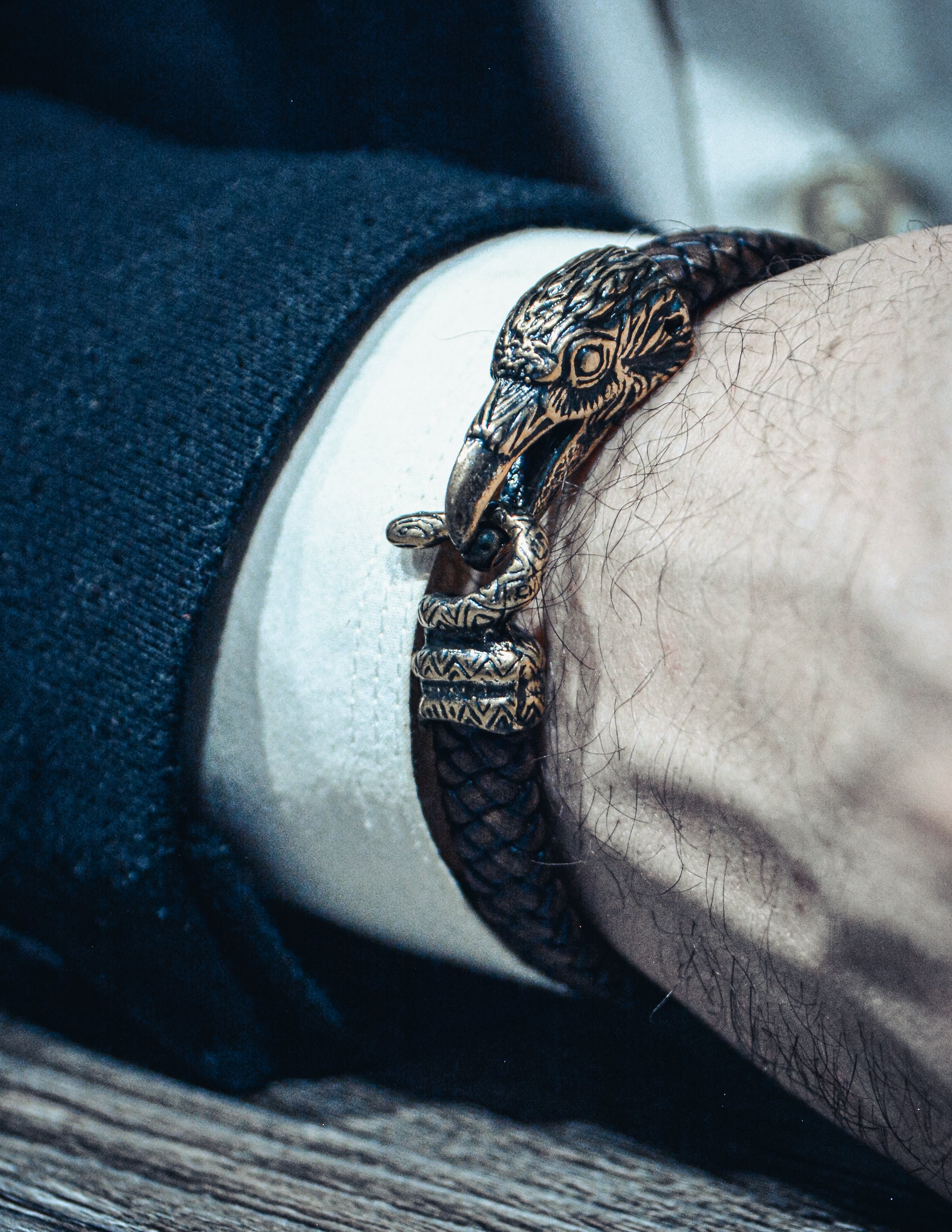 Raven and Snake Bracelet, Natural Leather and Bronze