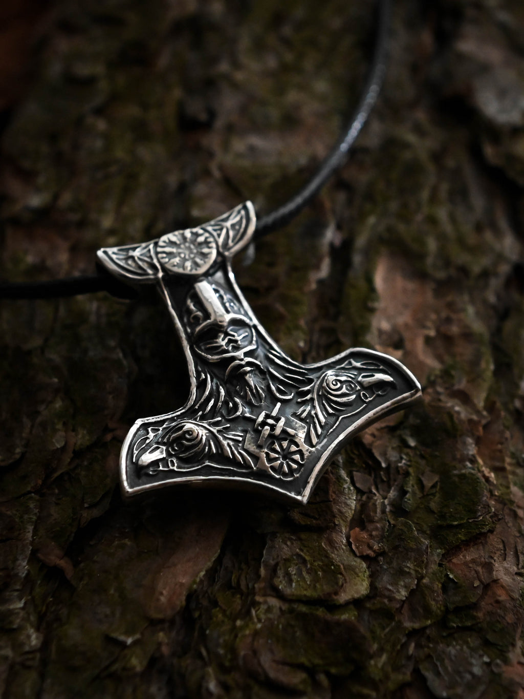 Thor's Hammer with Helmet, Sterling Silver 925 — Viking Symbol Pendant