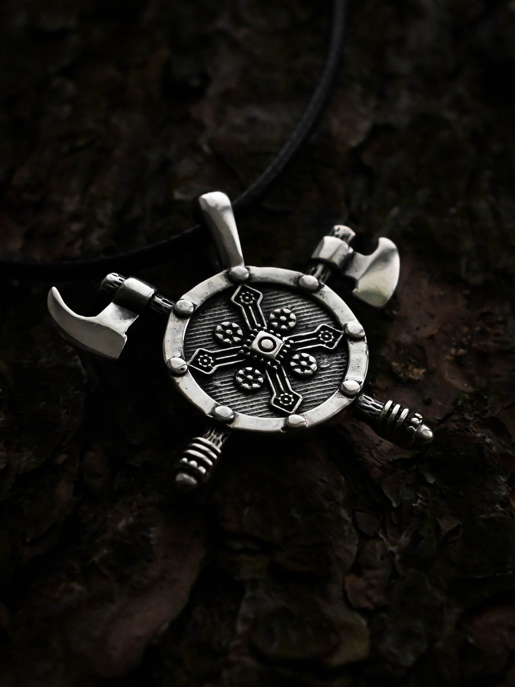 Shield with Axes Amulet, Sterling Silver 925 — Viking Symbol Pendant