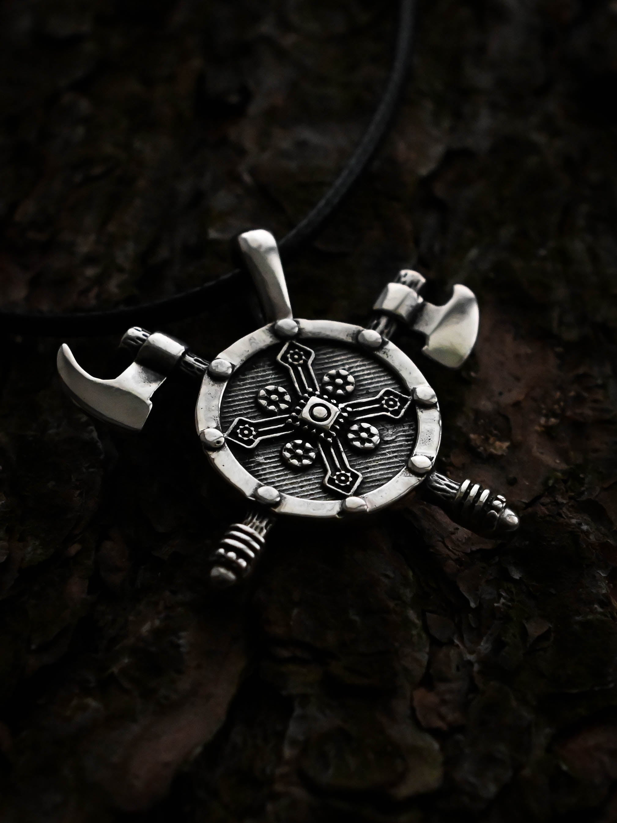 Shield with Axes Amulet, Sterling Silver 925 — Viking Symbol Pendant