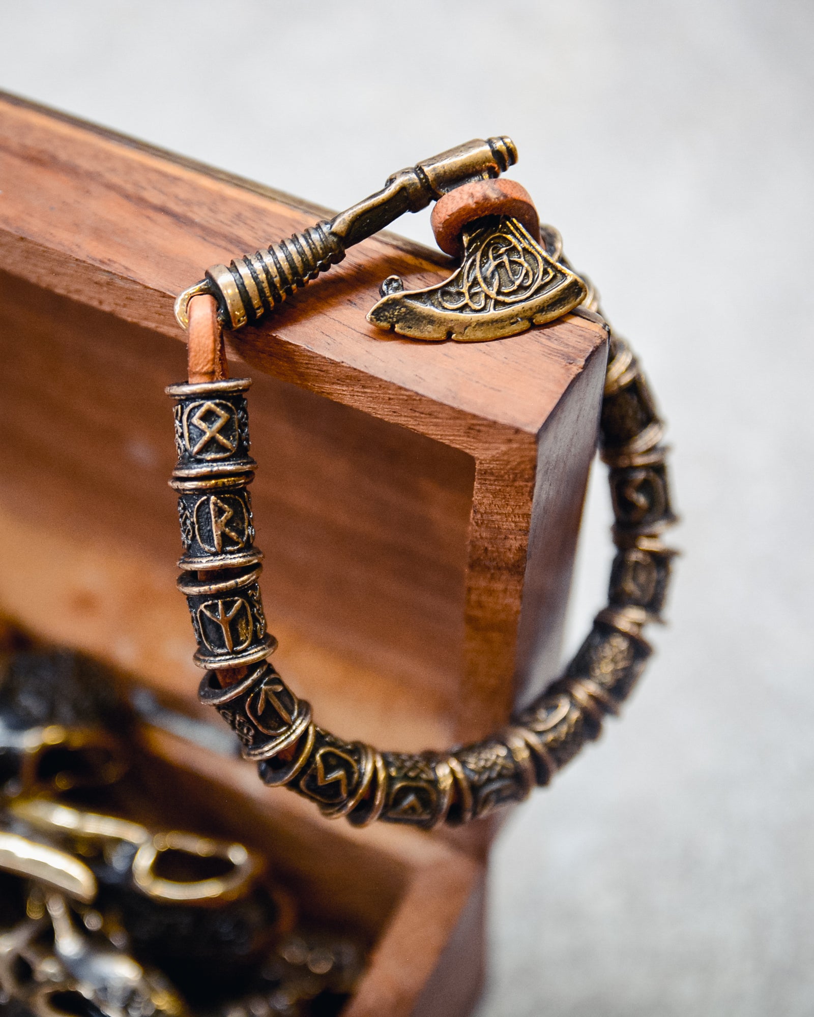 Runic Bracelet with Axe Bracelet, Natural Leather and Bronze