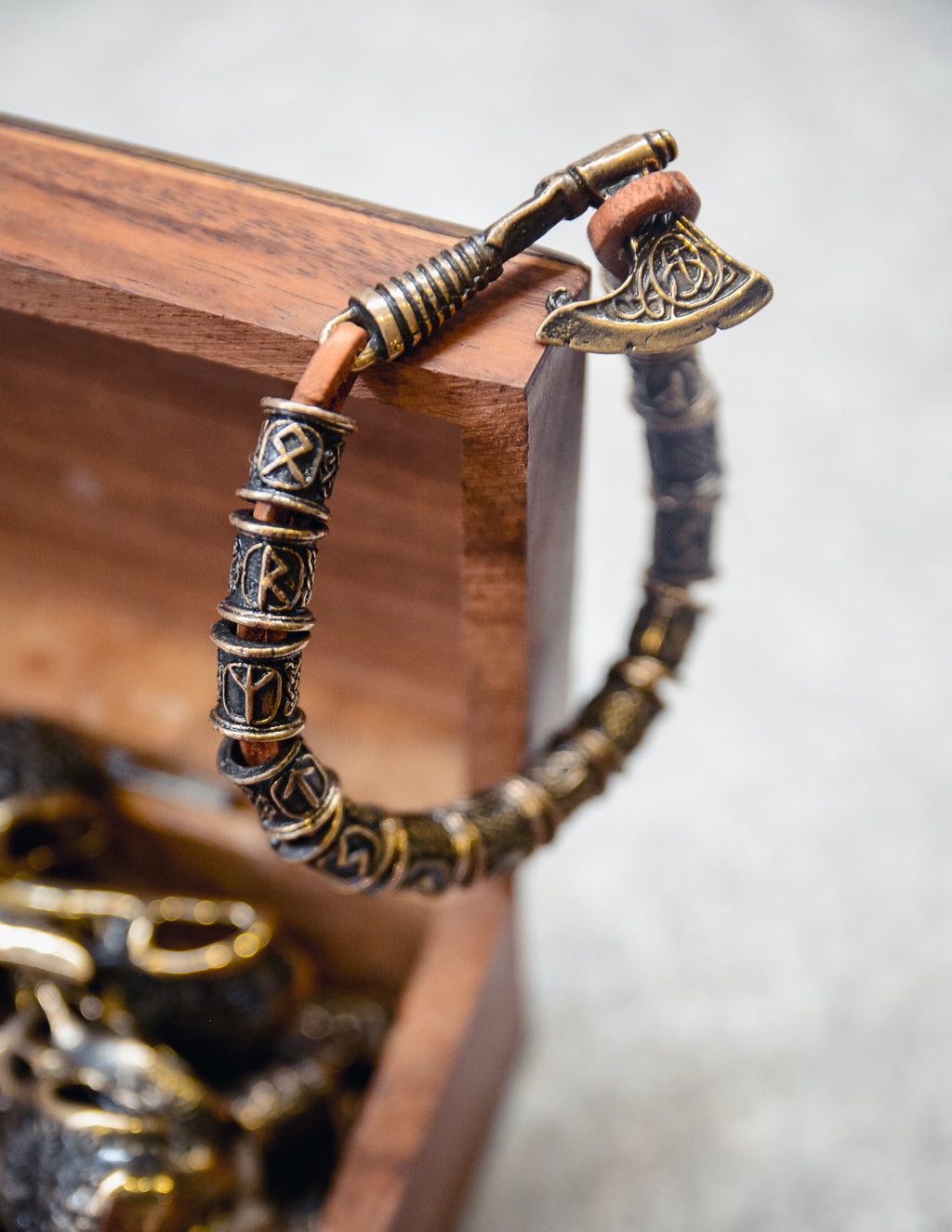 Runic Bracelet with Axe Bracelet, Natural Leather and Bronze