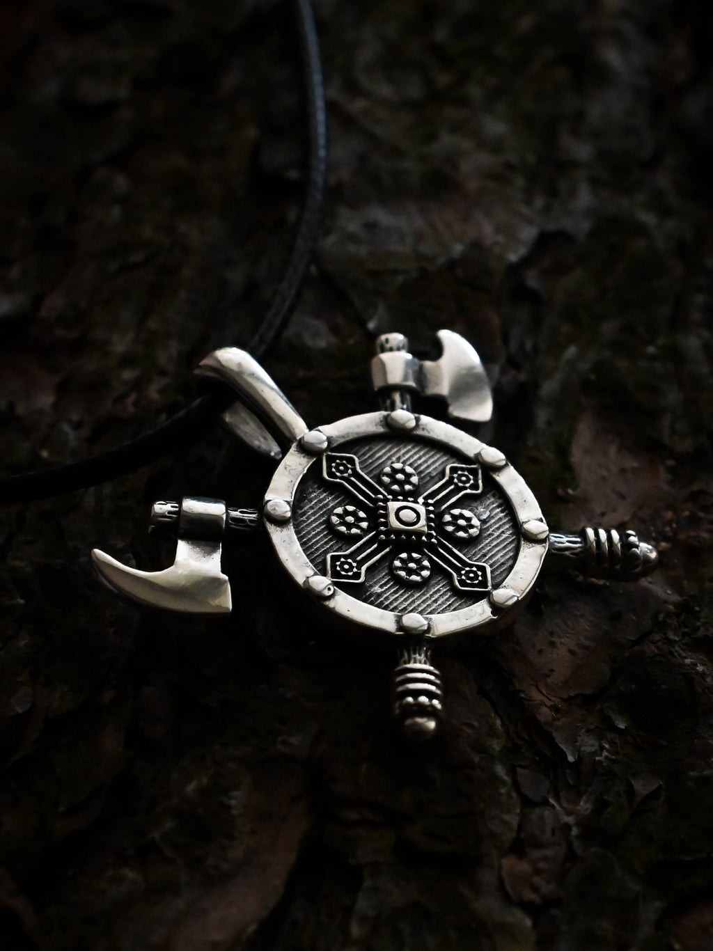 Shield with Axes Amulet, Sterling Silver 925 — Viking Symbol Pendant