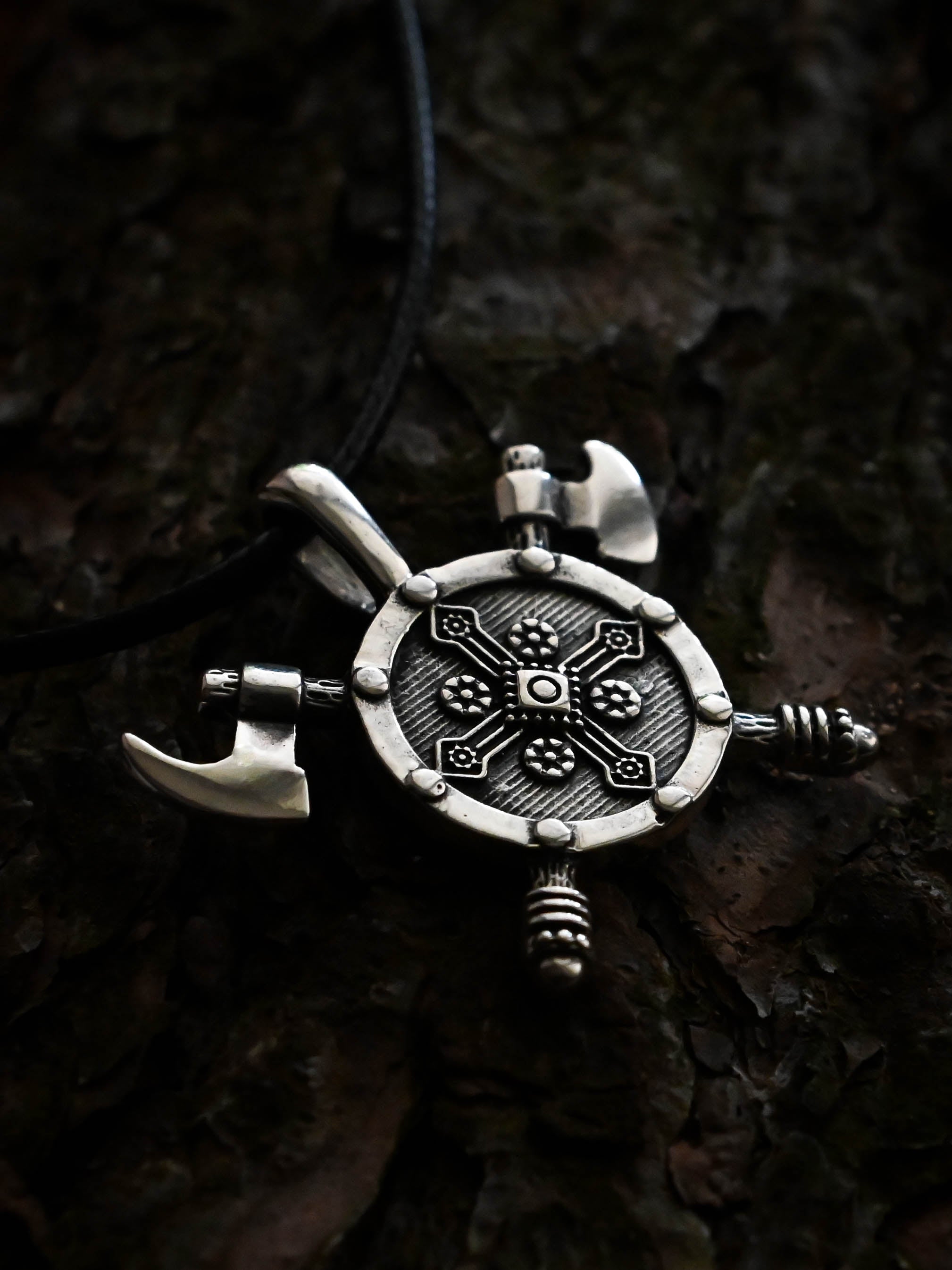 Shield with Axes Amulet, Sterling Silver 925 — Viking Symbol Pendant