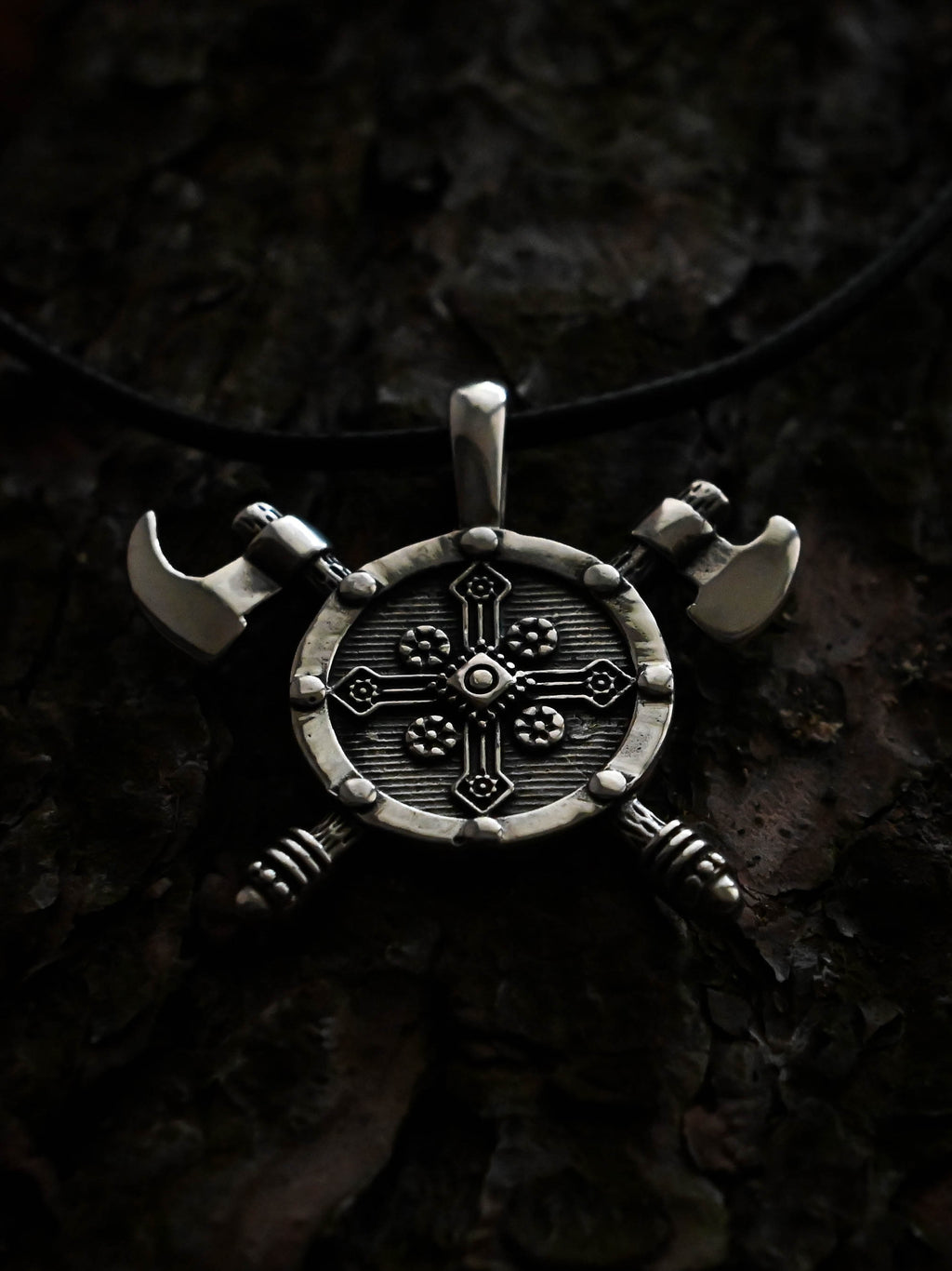 Shield with Axes Amulet, Sterling Silver 925 — Viking Symbol Pendant