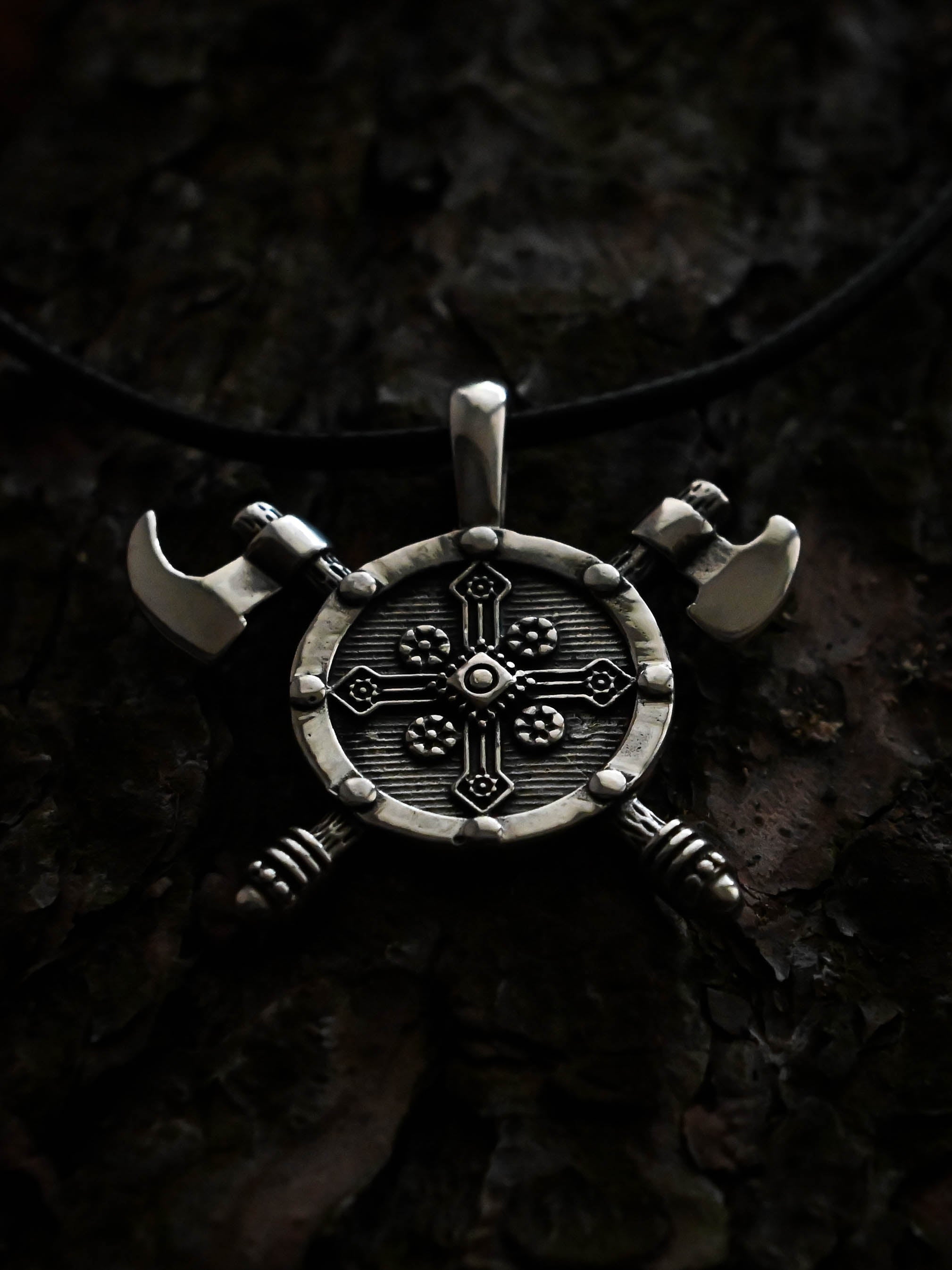 Shield with Axes Amulet, Sterling Silver 925 — Viking Symbol Pendant