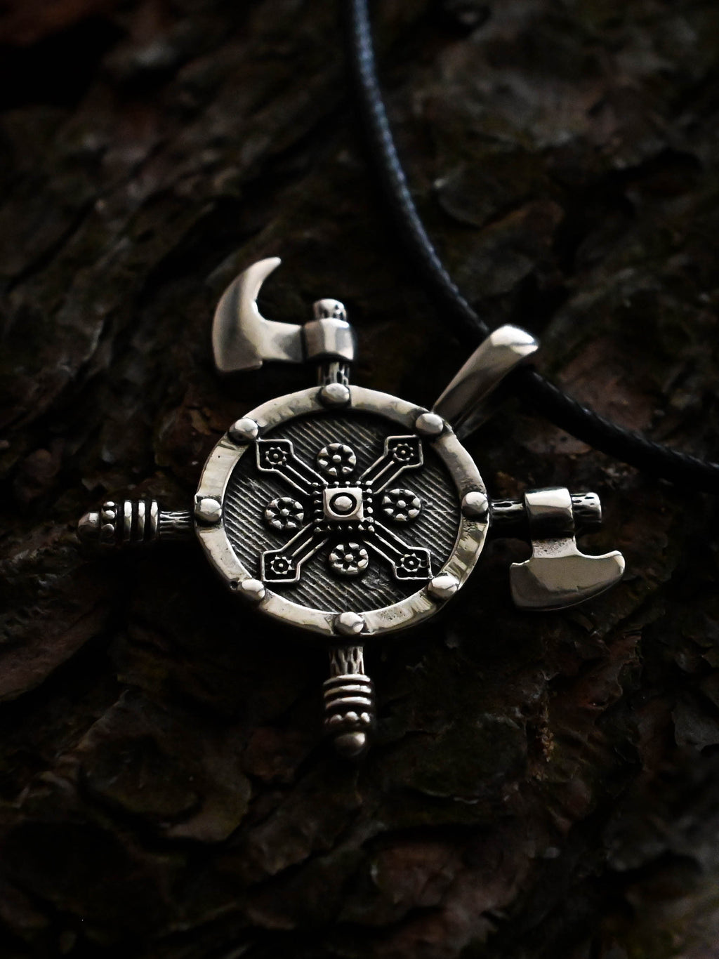 Shield with Axes Amulet, Sterling Silver 925 — Viking Symbol Pendant