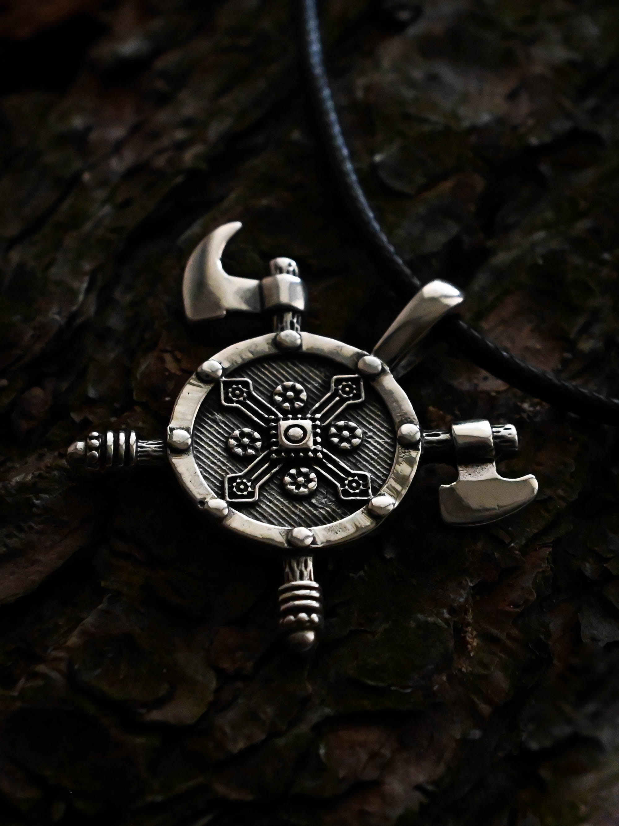 Shield with Axes Amulet, Sterling Silver 925 — Viking Symbol Pendant