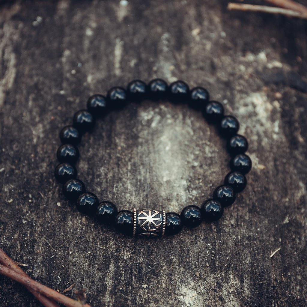 Black Agate Bracelet with Large Kolovrat Bead