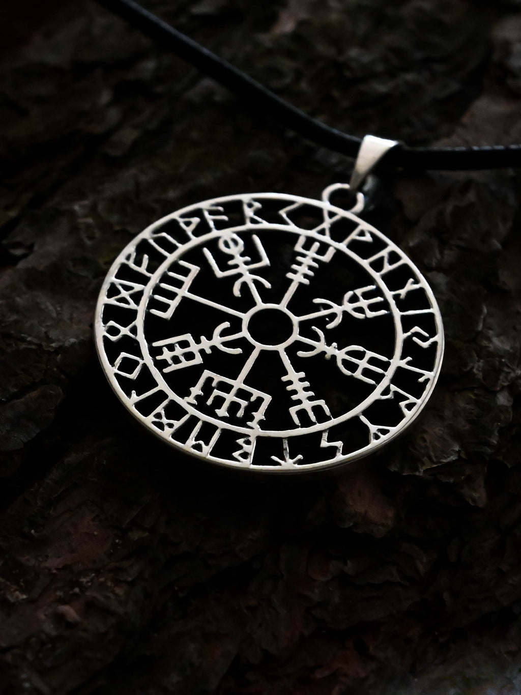 Vegvisir Amulet in Futhark, Sterling Silver 925 — Viking Symbol Pendant