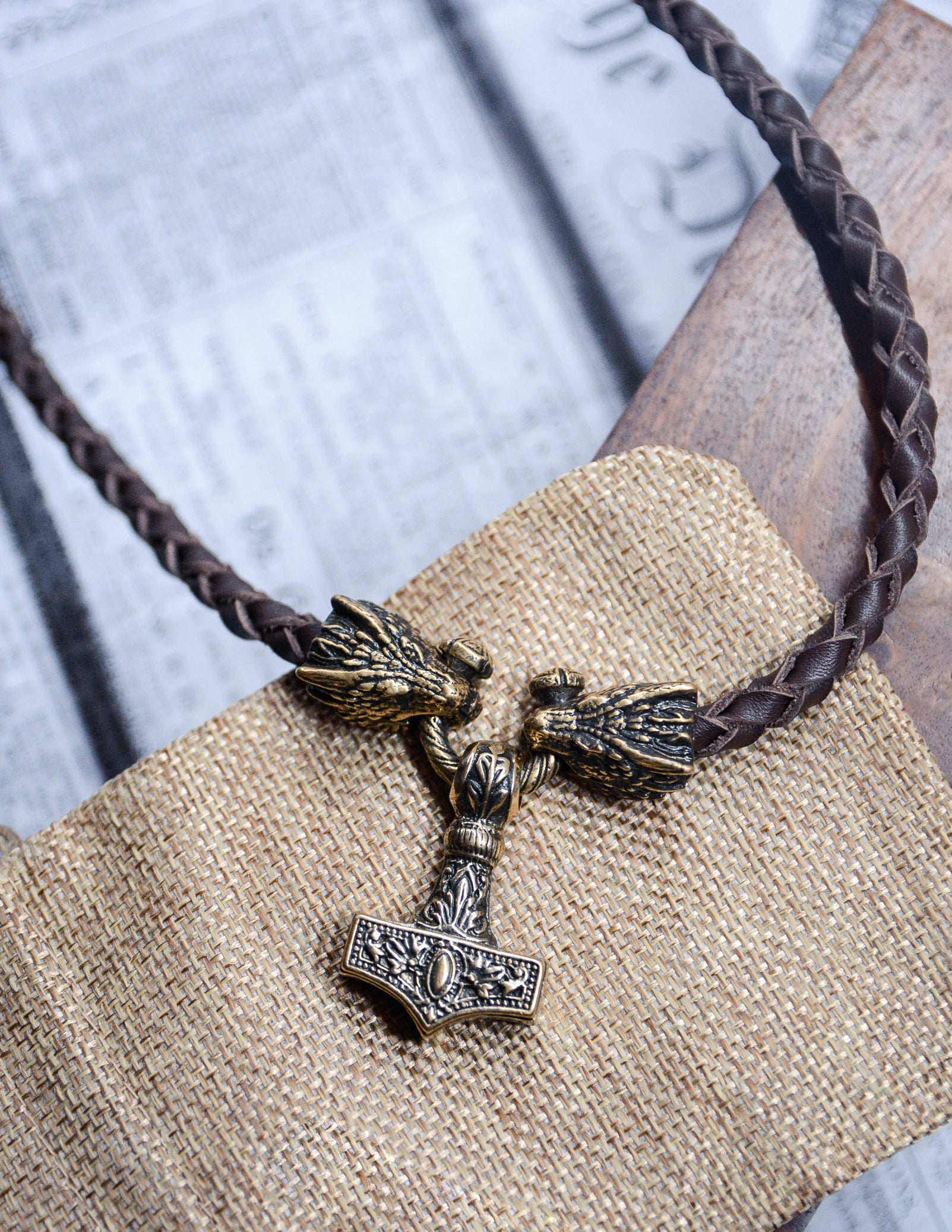 Two Dragons with Hammer Pendant, Natural Leather and Bronze — Viking Symbol
