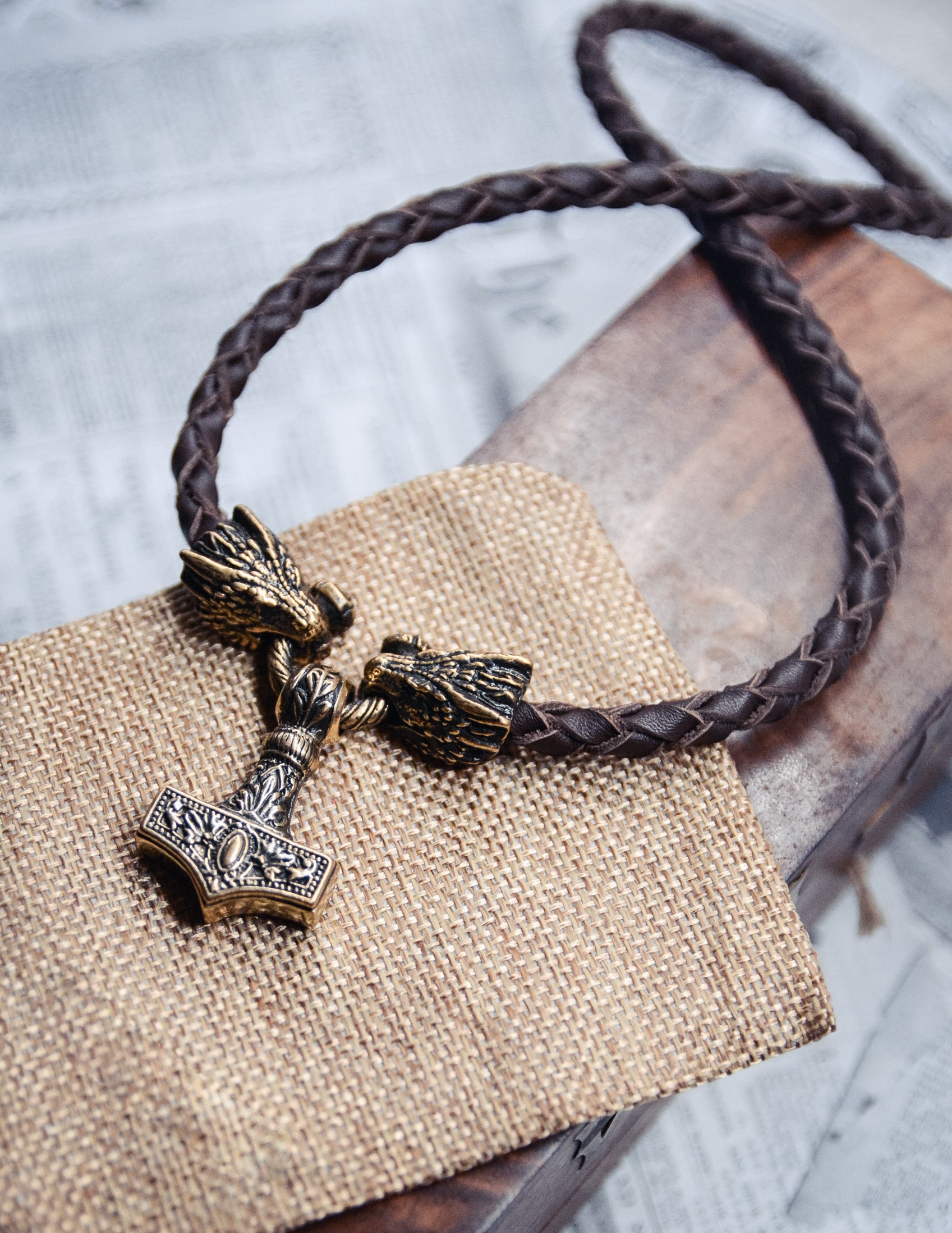 Two Dragons with Hammer Pendant, Natural Leather and Bronze — Viking Symbol