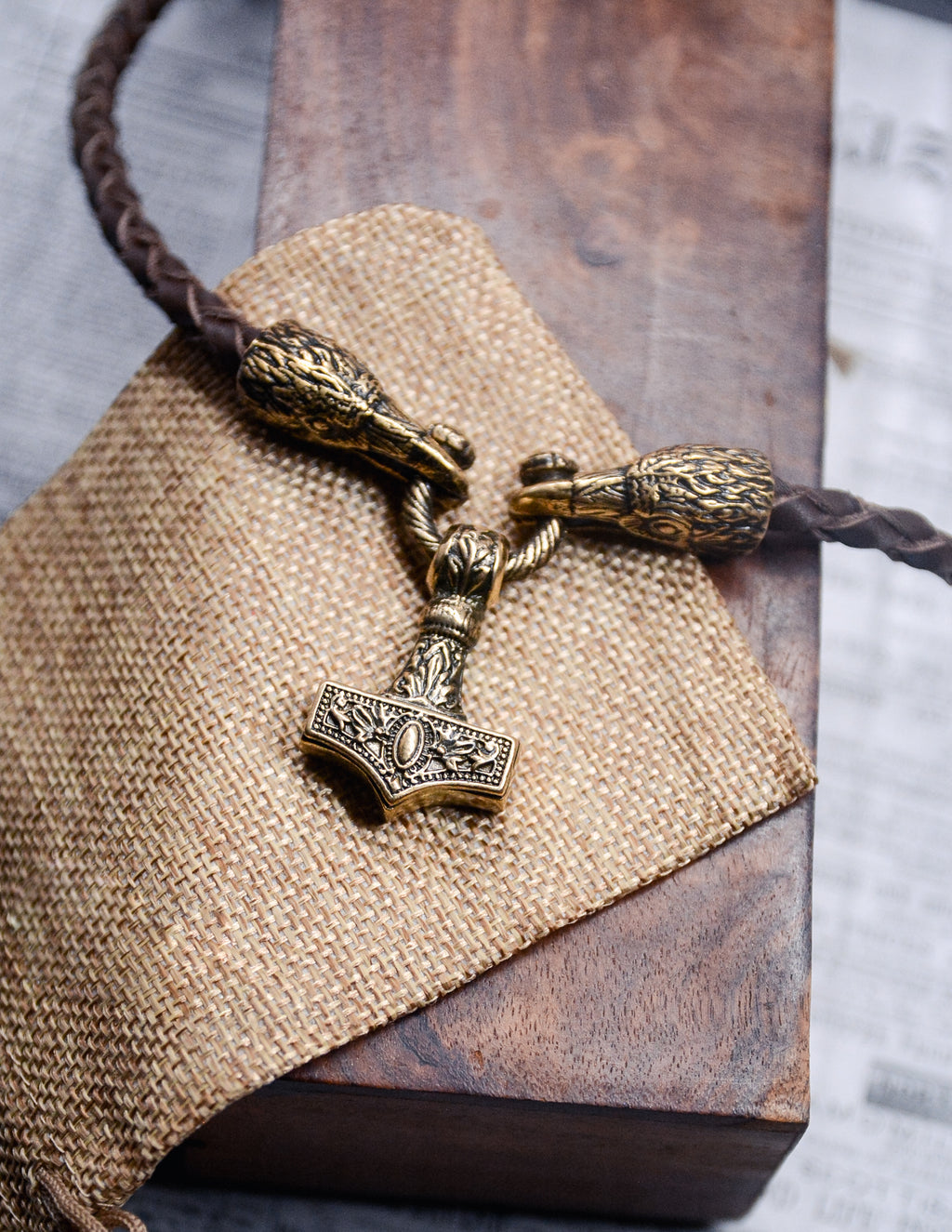 Two Ravens with Hammer Pendant, Natural Leather and Bronze — Viking Symbol