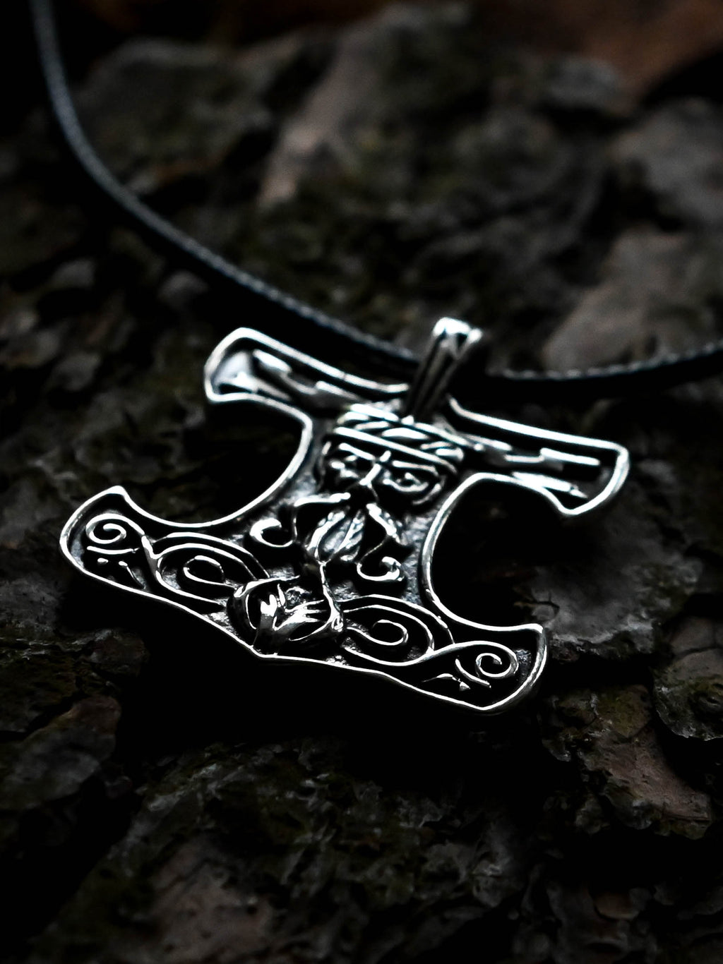 Thor's Hammer with the Face of the God Thor, Sterling Silver 925 — Viking Symbol Pendant