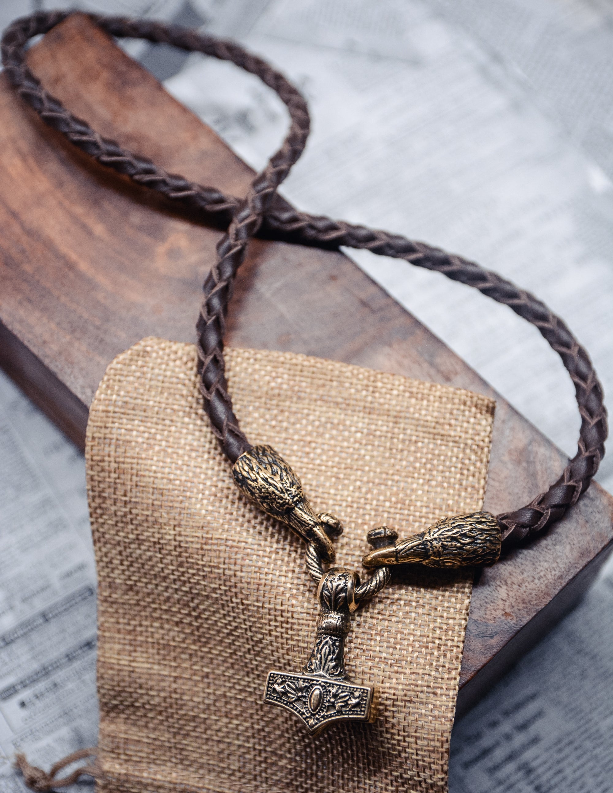 Two Ravens with Hammer Pendant, Natural Leather and Bronze — Viking Symbol