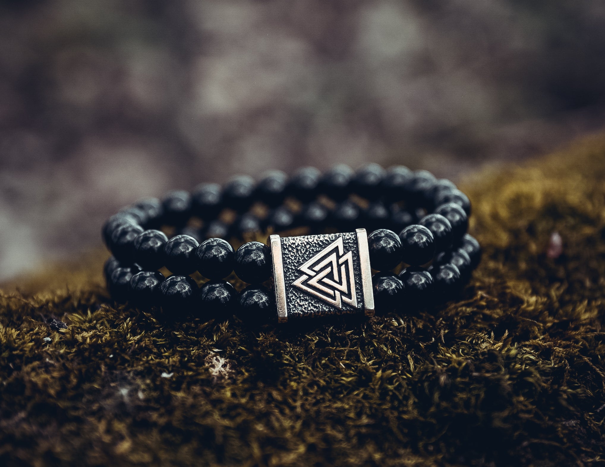 Black Agate Bracelet with Valknut Bead