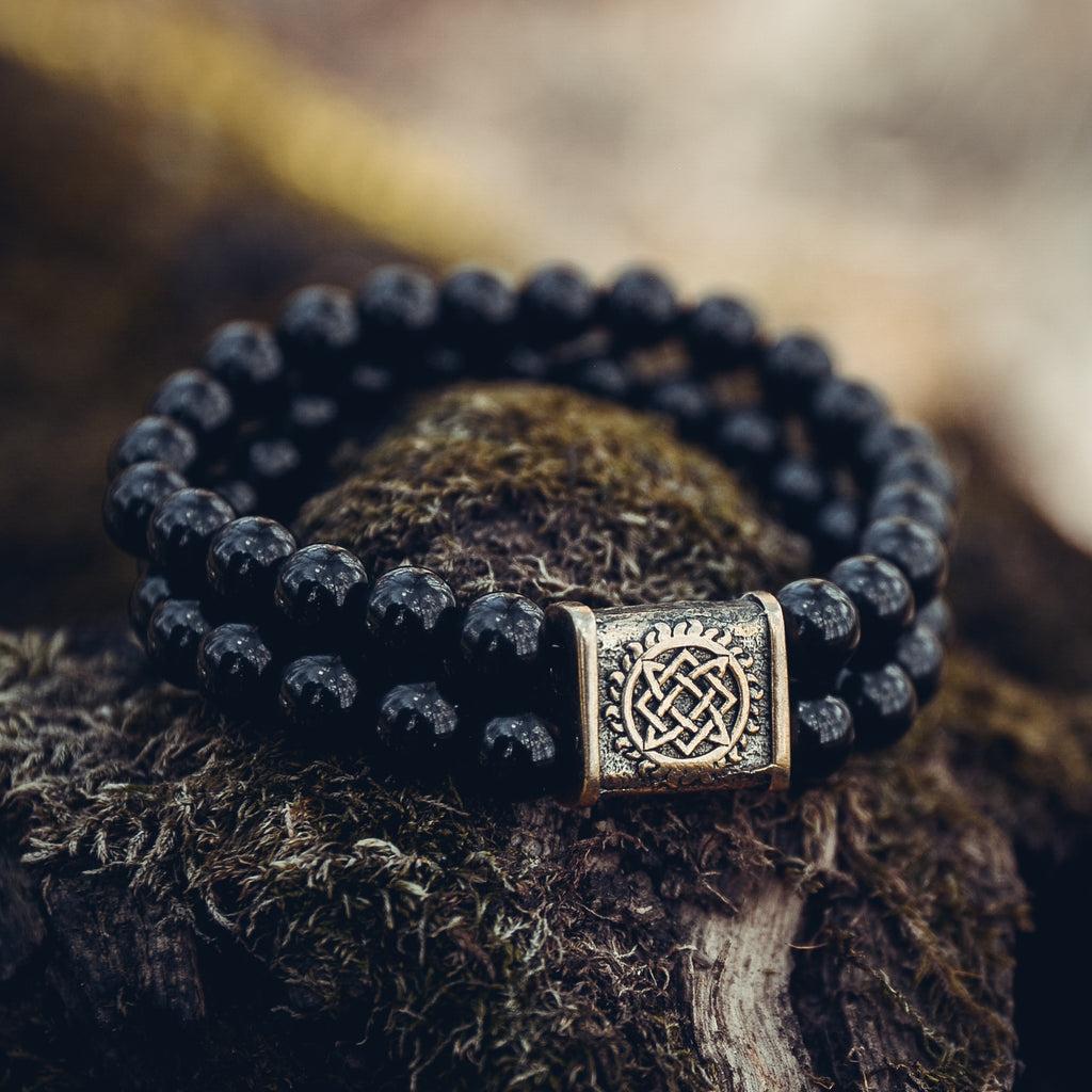 Black Agate Double-Row Bracelet with Star of Rus Bead