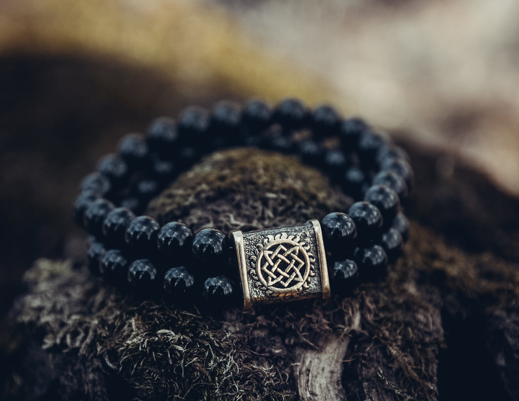 Black Agate Double-Row Bracelet with Star of Rus Bead
