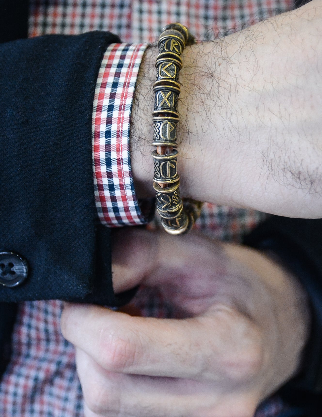 Runic Bracelet with Axe Bracelet, Natural Leather and Bronze
