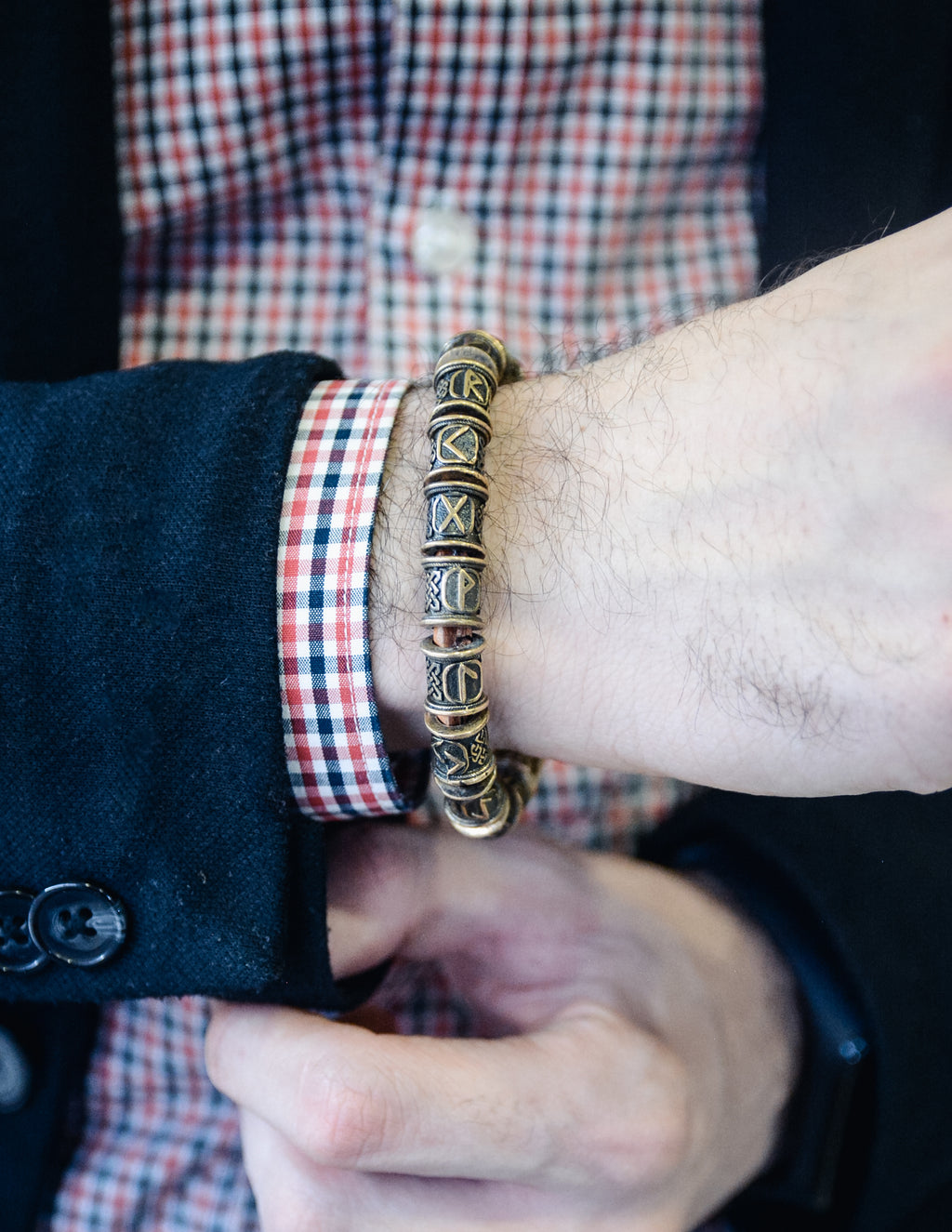Runic Bracelet with Axe Bracelet, Natural Leather and Bronze