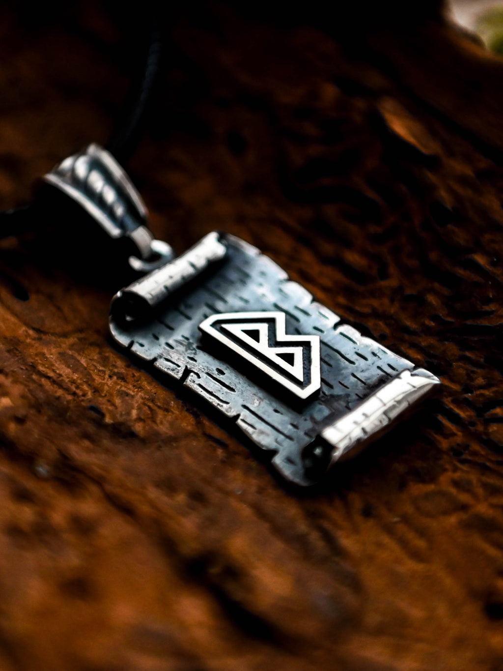 Berkano Rune Amulet on a Scroll, Sterling Silver 925 — Viking & Norse Symbol Pendant