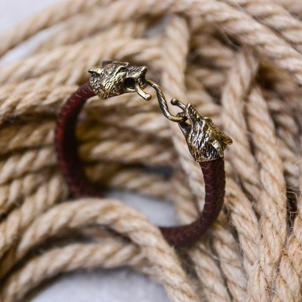 Wolves of Odin Bracelet, Natural Leather and Bronze