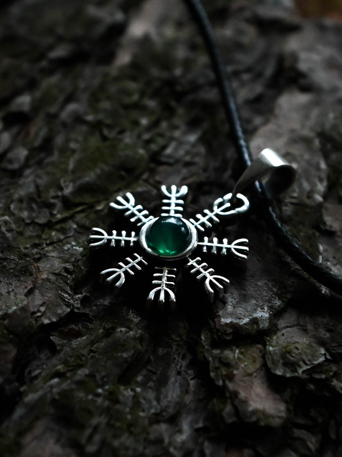 Helm of Awe (Aegishjalmur) Amulet with Chalcedony Stone, Sterling Silver 925 — Viking Symbol Pendant