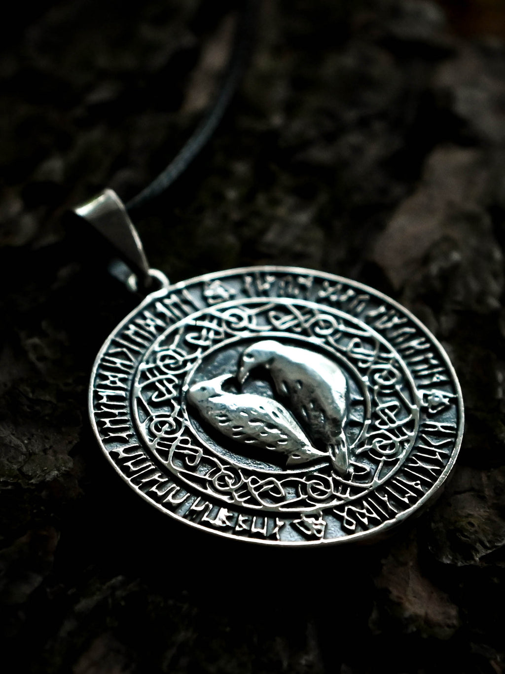 Ravens Amulet in Futhark, Sterling Silver 925 — Viking & Norse Symbol Pendant