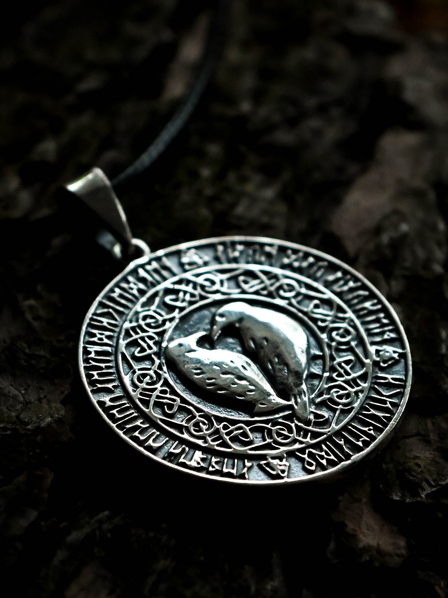 Ravens Amulet in Futhark, Sterling Silver 925 — Viking & Norse Symbol Pendant