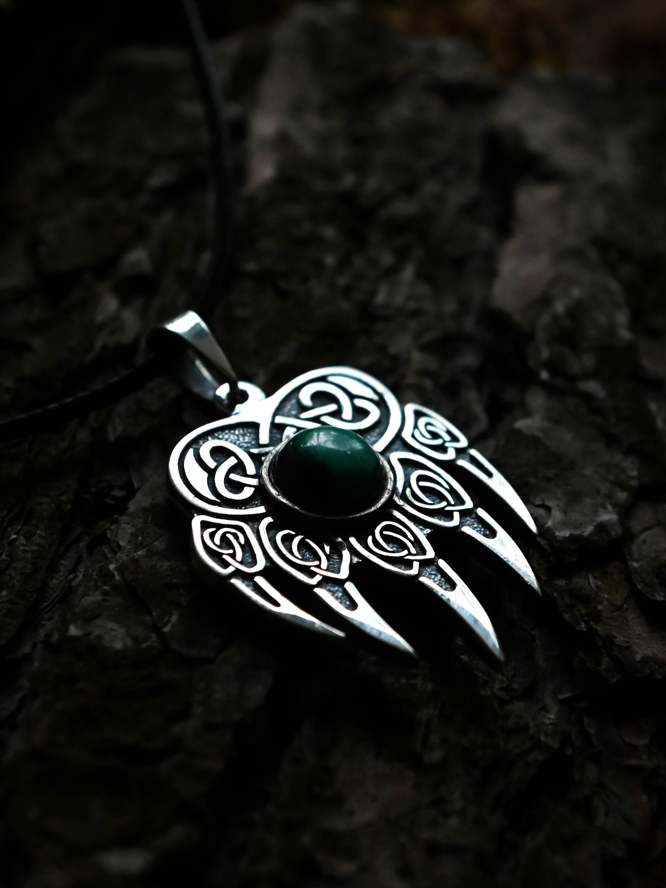 Bear Paw Amulet with Jade Stone, Sterling Silver 925 — Viking & Slavic Symbol Pendant