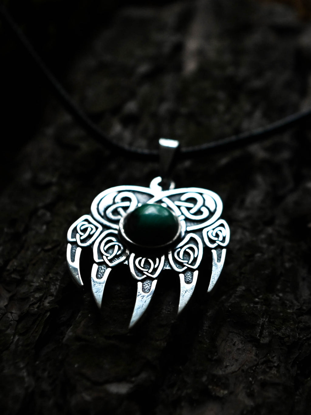 Bear Paw Amulet with Jade Stone, Sterling Silver 925 — Viking & Slavic Symbol Pendant