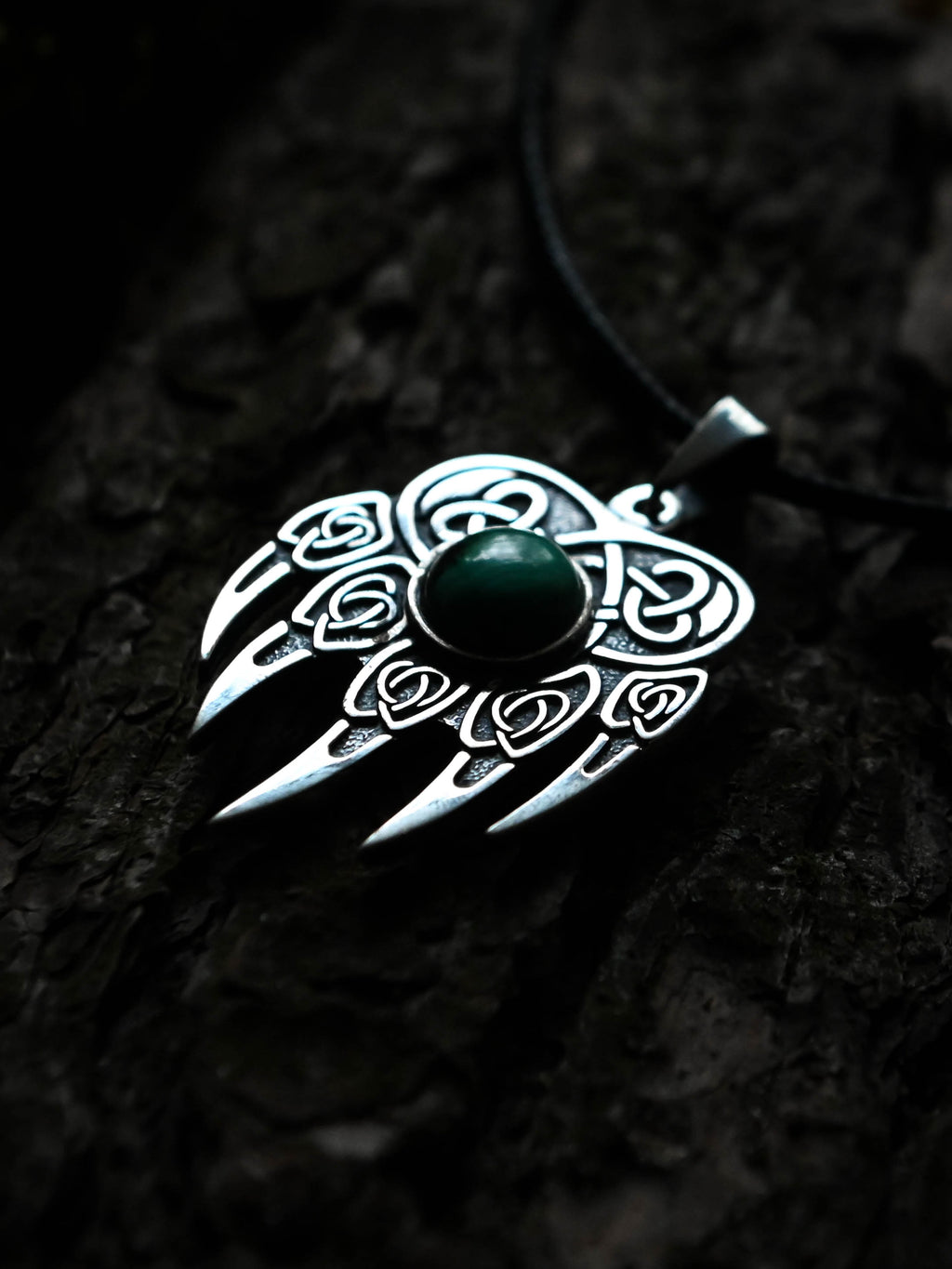 Bear Paw Amulet with Jade Stone, Sterling Silver 925 — Viking & Slavic Symbol Pendant
