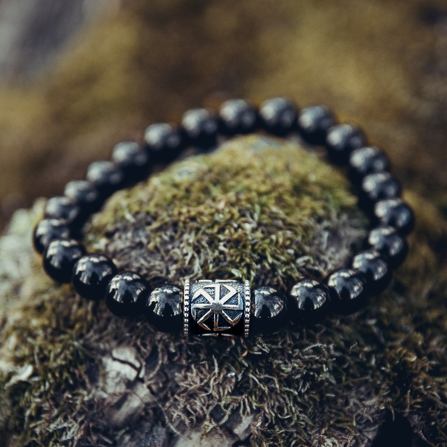 Black Agate Bracelet with Large Kolovrat Bead