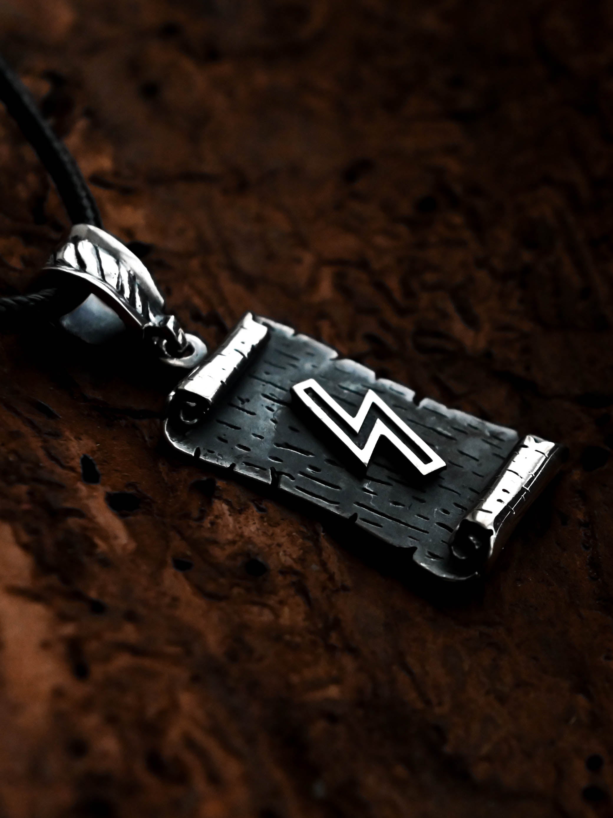 Sowilo Rune Amulet on a Scroll, Sterling Silver 925 — Viking & Norse Symbol Pendant