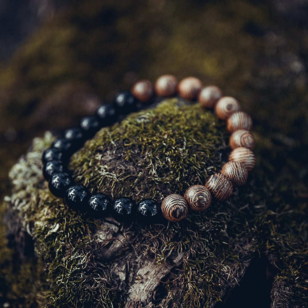 Wood and Black Agate Bracelet