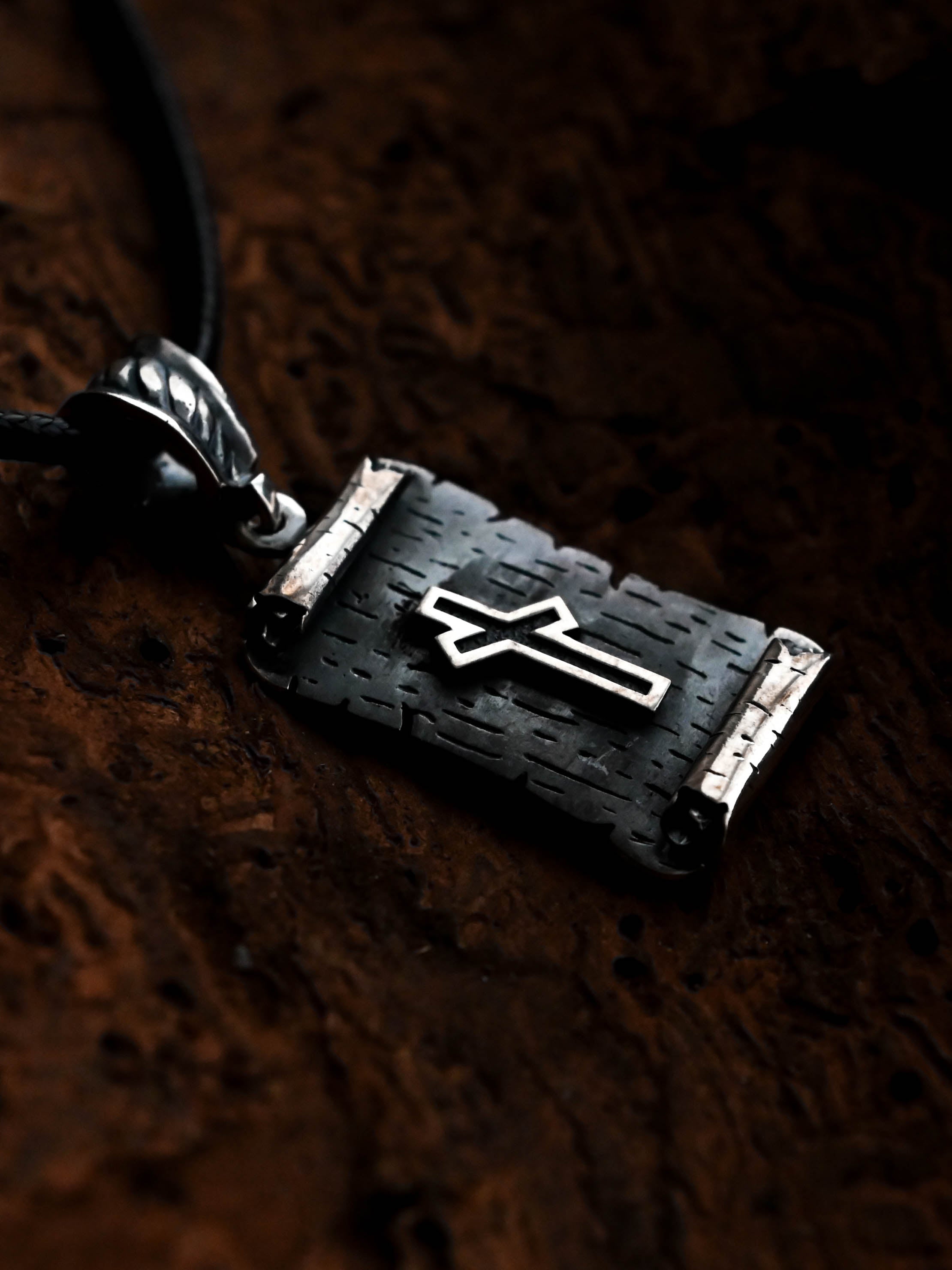 Nauthiz Rune Amulet on a Scroll, Sterling Silver 925 — Viking & Norse Symbol Pendant