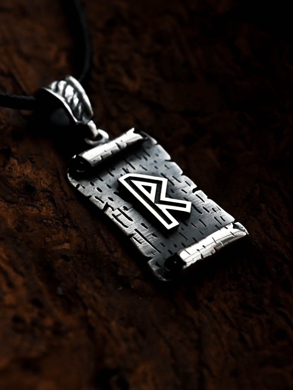 Raidho Rune Amulet on a Scroll, Sterling Silver 925 — Viking & Norse Symbol Pendant