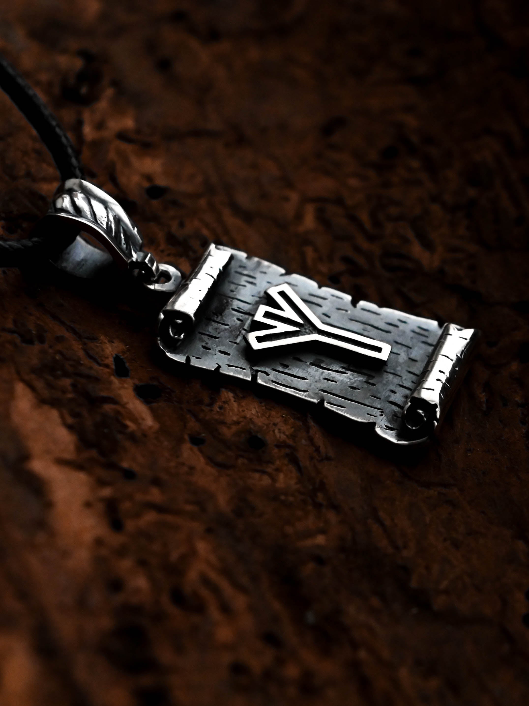 Algiz Rune Amulet on a Scroll, Sterling Silver 925 — Viking & Norse Symbol Pendant