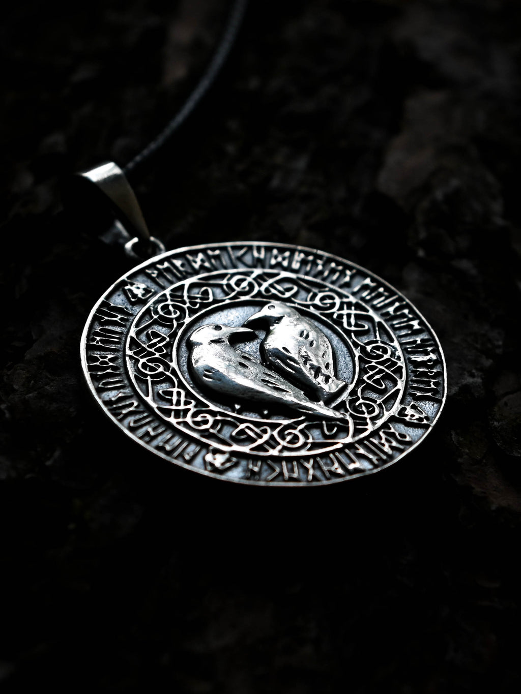 Ravens Amulet in Futhark, Sterling Silver 925 — Viking & Norse Symbol Pendant