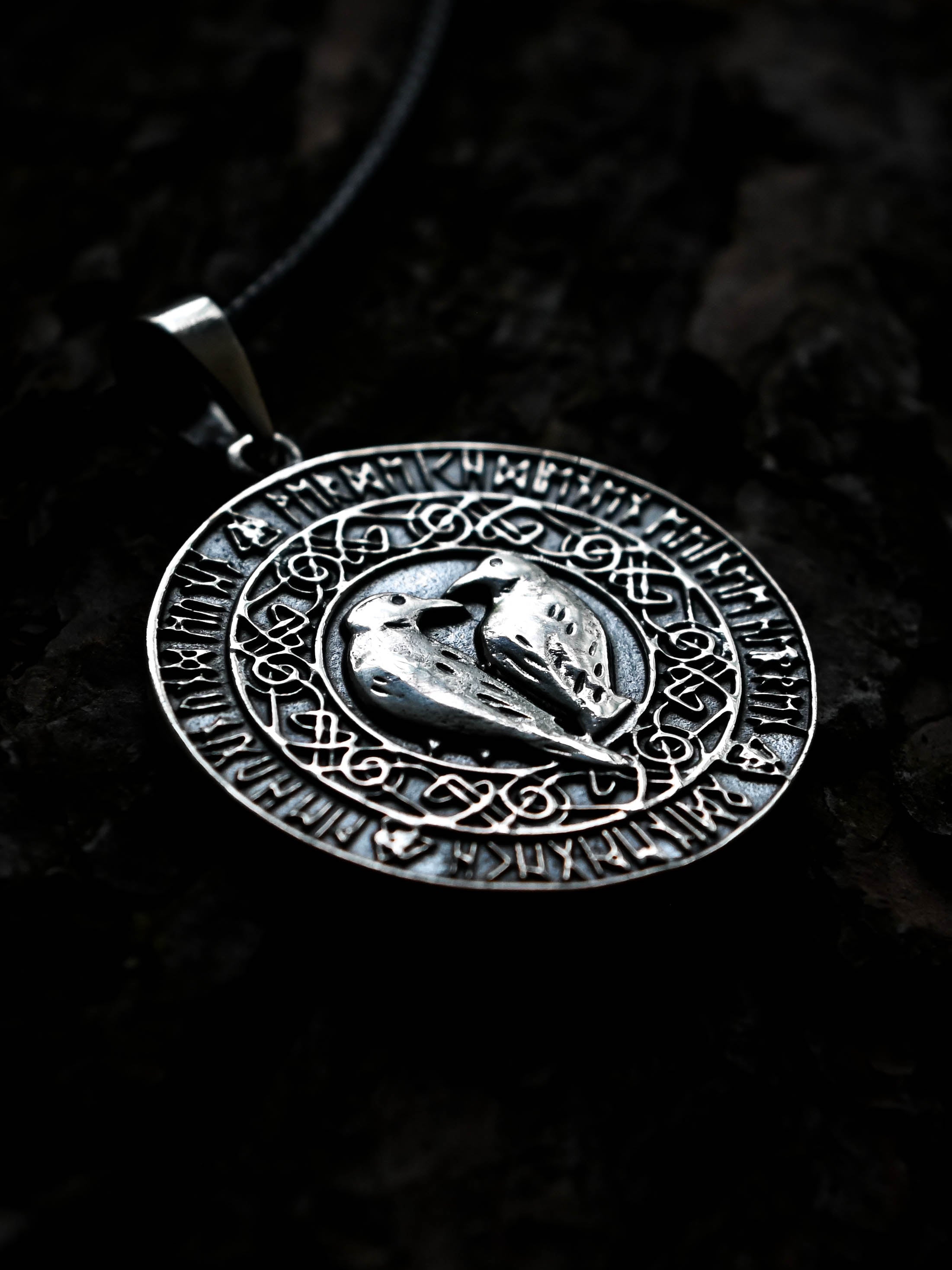 Ravens Amulet in Futhark, Sterling Silver 925 — Viking & Norse Symbol Pendant
